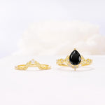 Vintage Filigree Pear Cut Black Onyx Engagement Ring Set - White-Gold