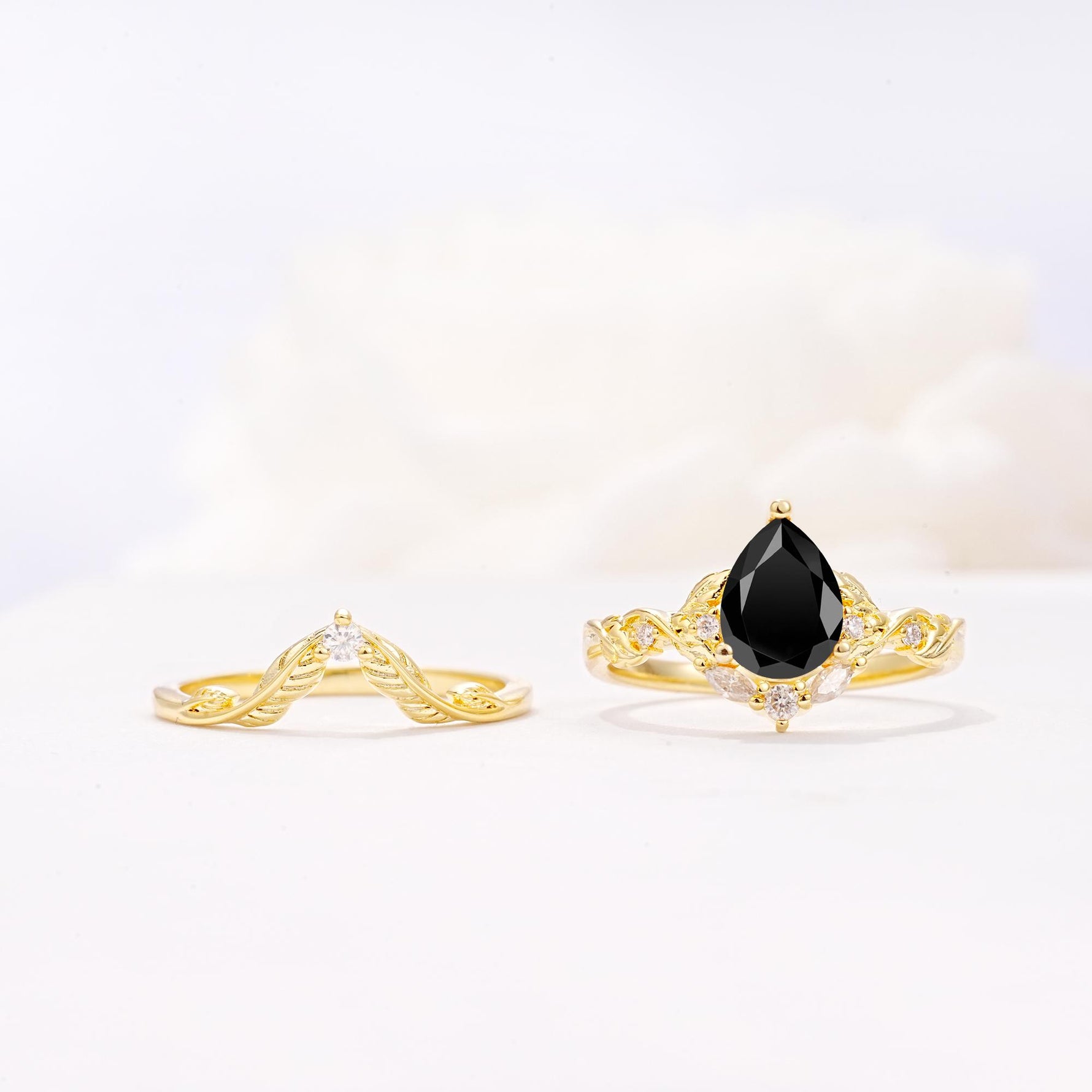 Vintage Filigree Pear Cut Black Onyx Engagement Ring Set - White-Gold