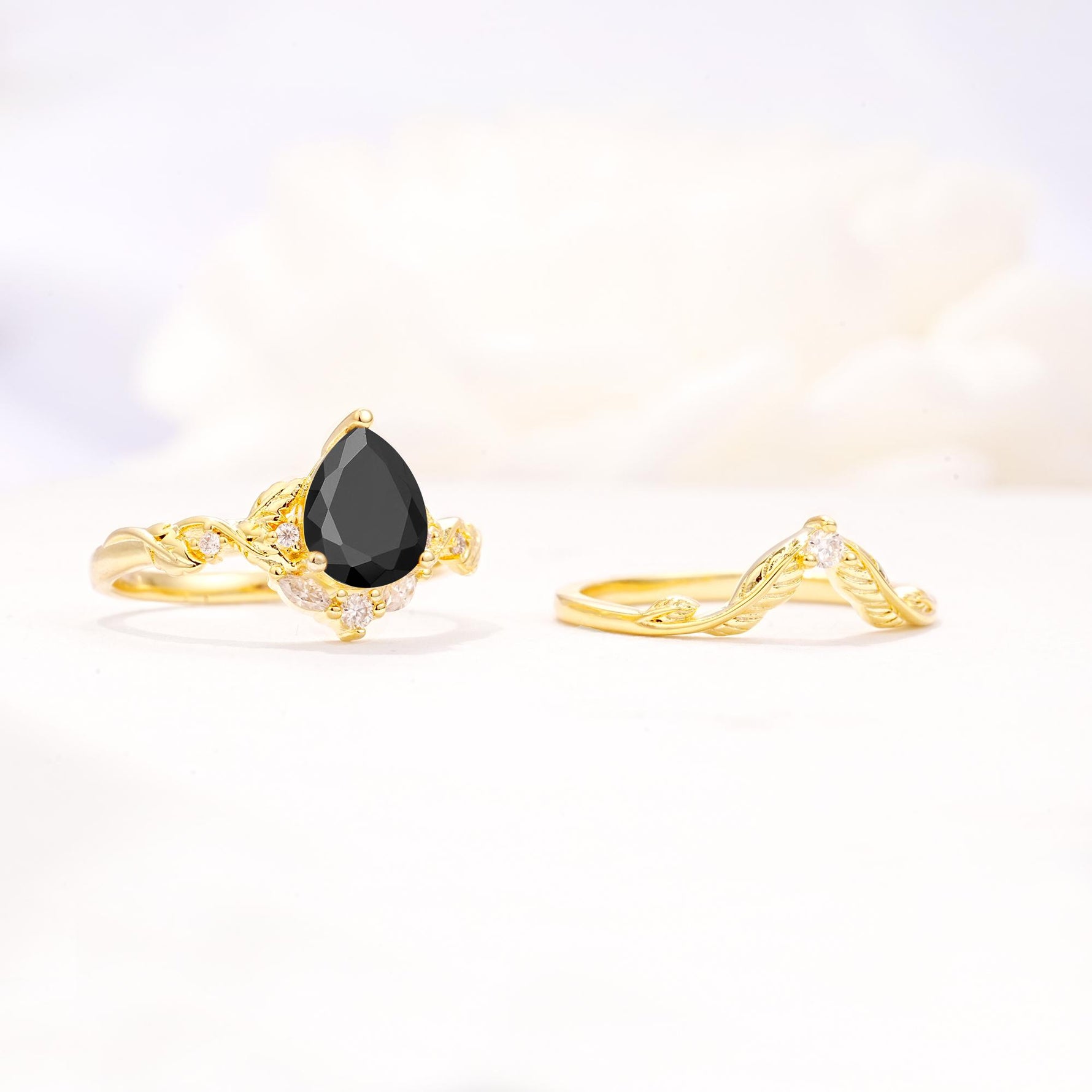 Vintage Filigree Pear Cut Black Onyx Engagement Ring Set - Additional view