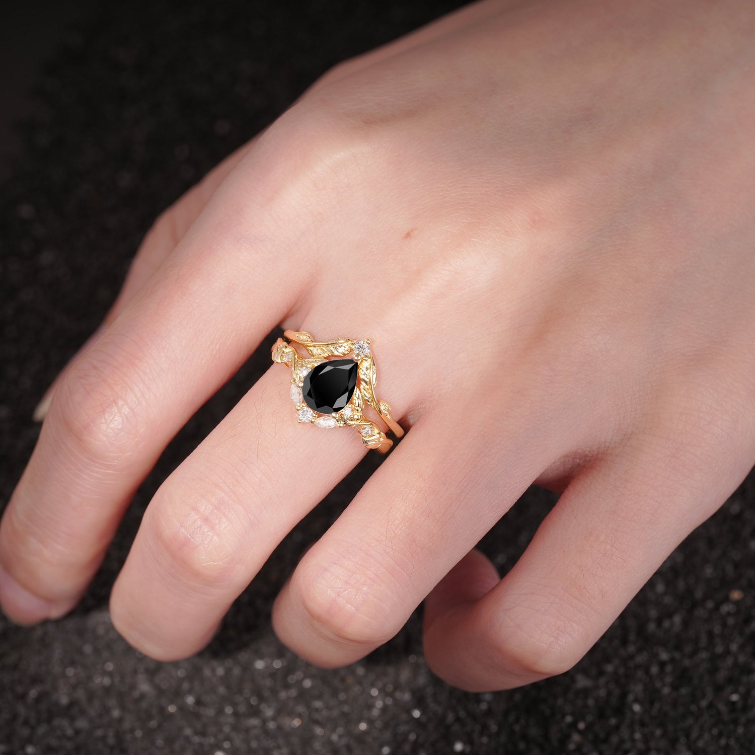 Vintage Filigree Pear Cut Black Onyx Engagement Ring Set