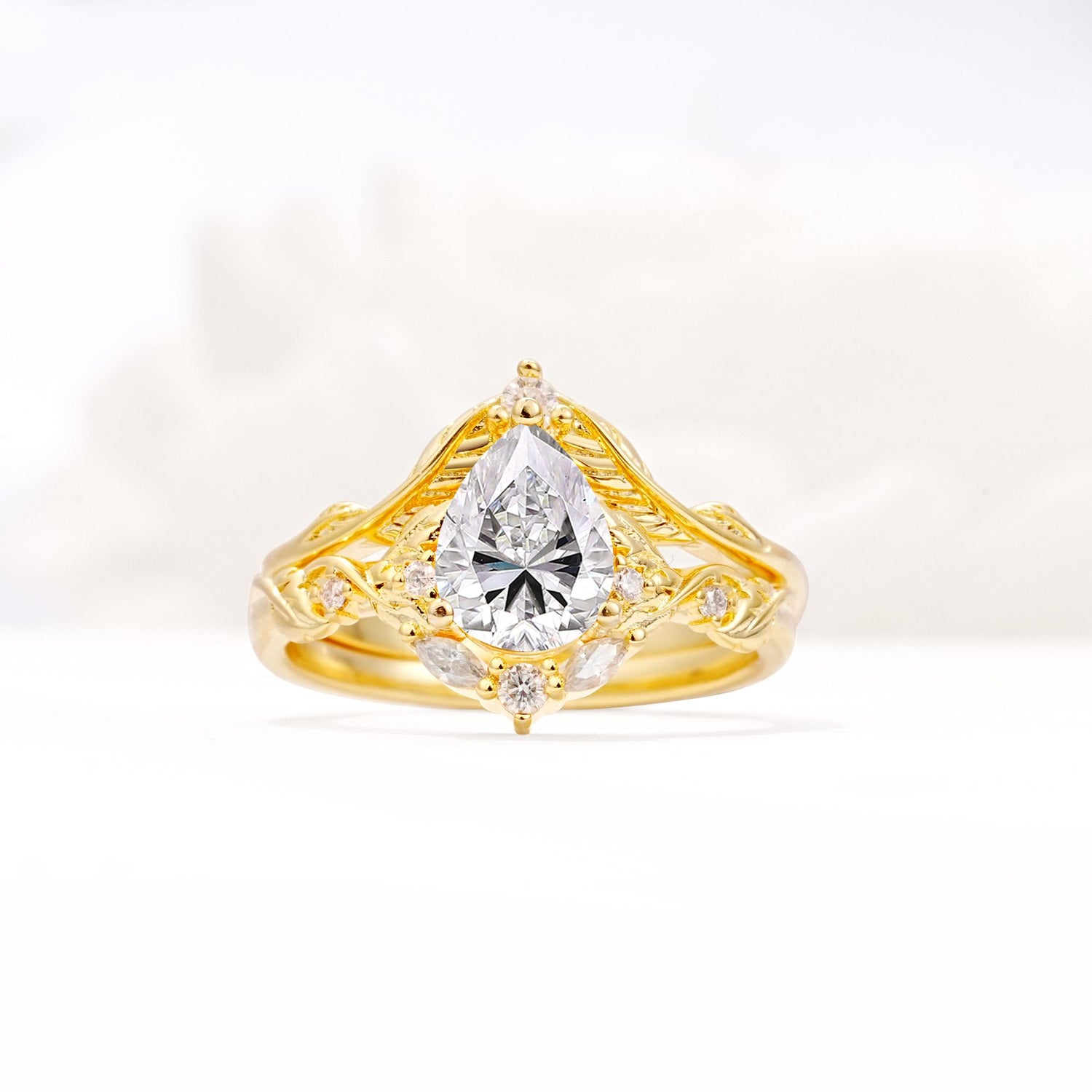 Vintage Filigree Pear Cut Lab Diamond Engagement Ring Set - Yellow-Gold
