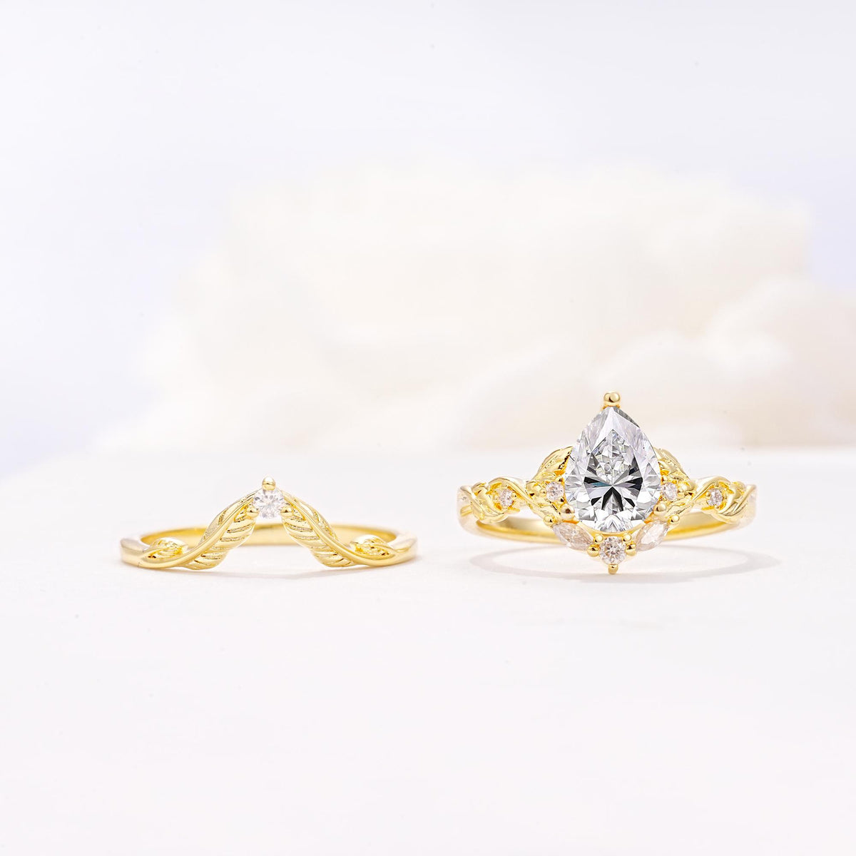 Vintage Filigree Pear Cut Lab Diamond Engagement Ring Set - White-Gold
