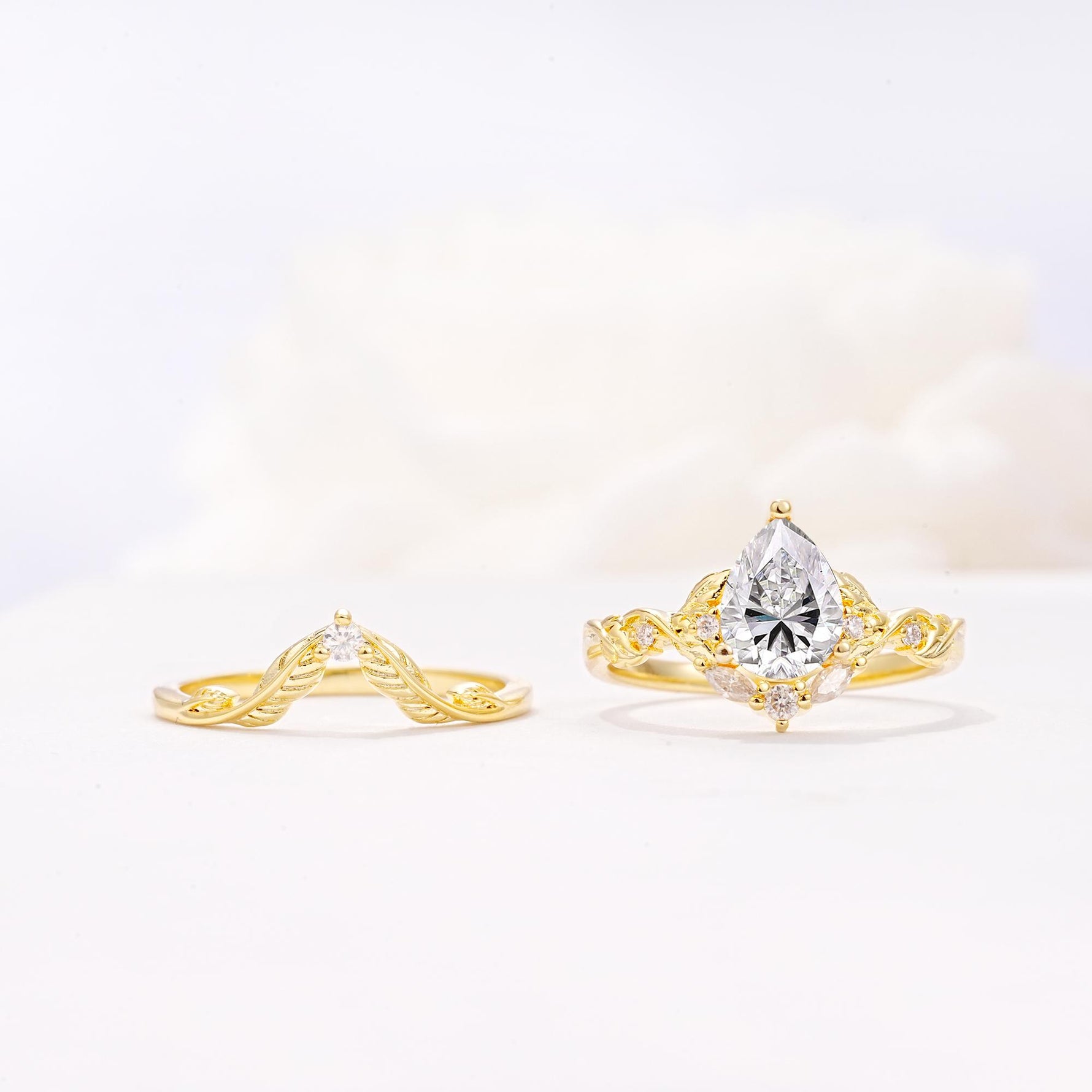 Vintage Filigree Pear Cut Lab Diamond Engagement Ring Set - White-Gold