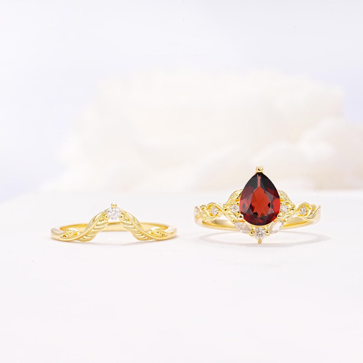 Vintage Filigree Pear Cut Garnet Engagement Ring Set - White-Gold