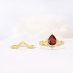 Vintage Filigree Pear Cut Garnet Engagement Ring Set - White-Gold