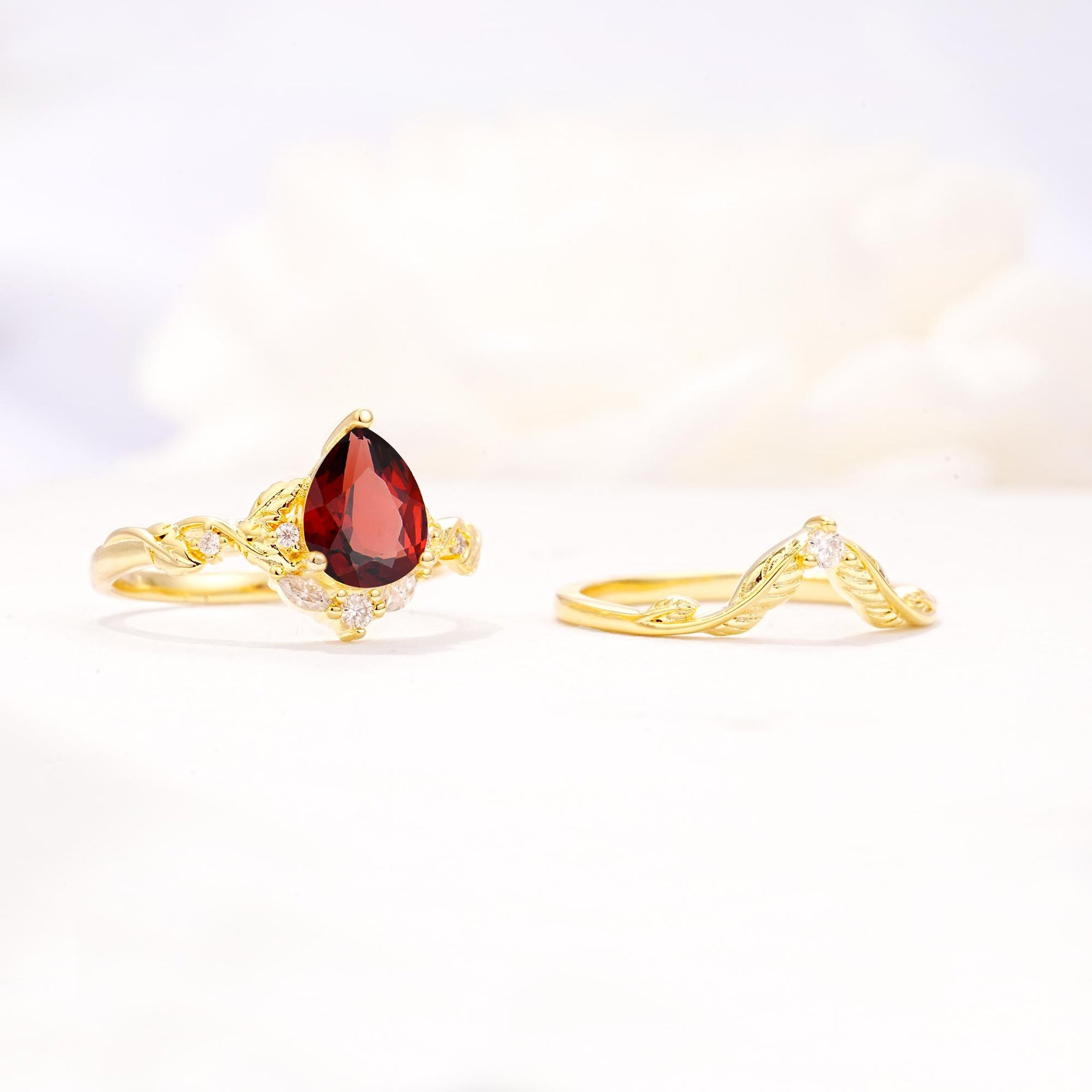 Vintage Filigree Pear Cut Garnet Engagement Ring Set - Additional view