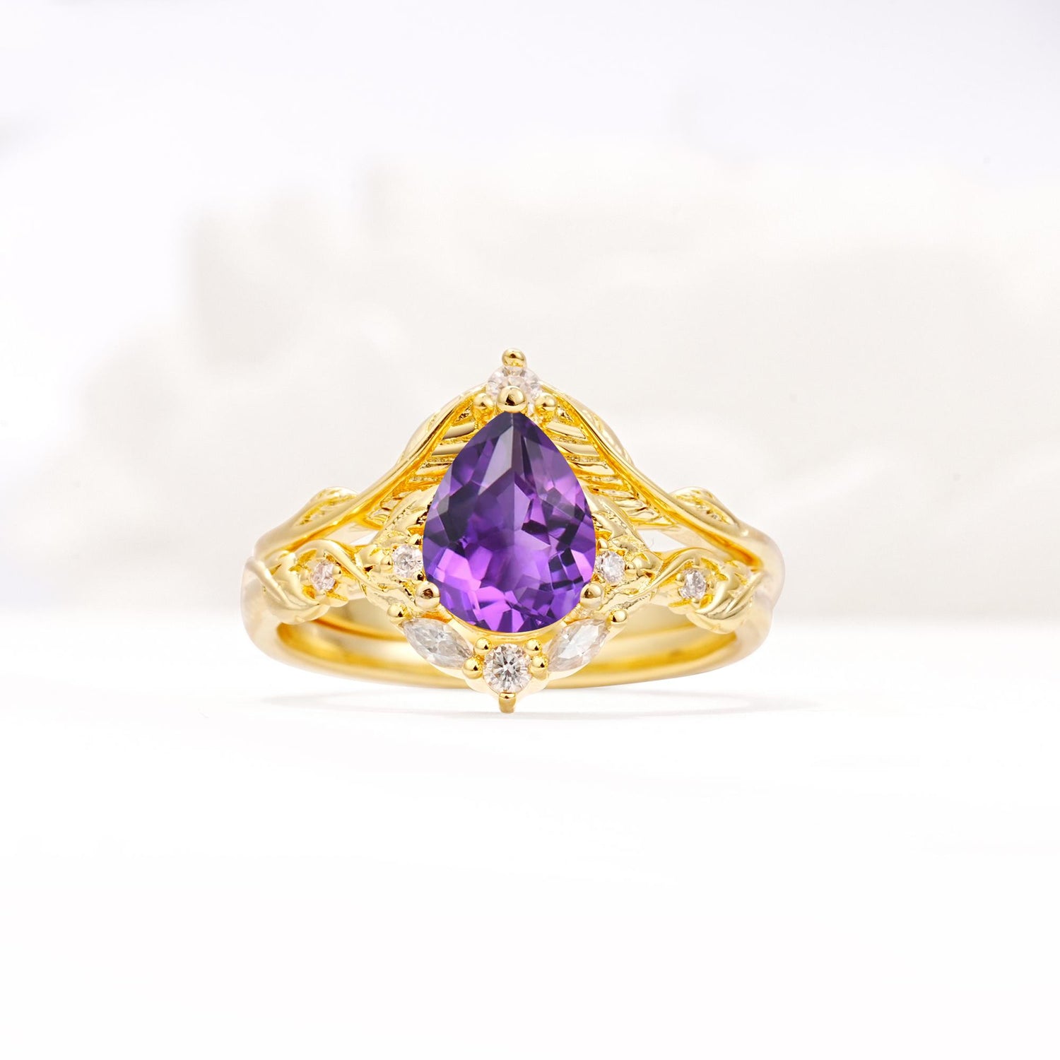 Vintage Filigree Pear Cut Amethyst Engagement Ring Set - Yellow-Gold