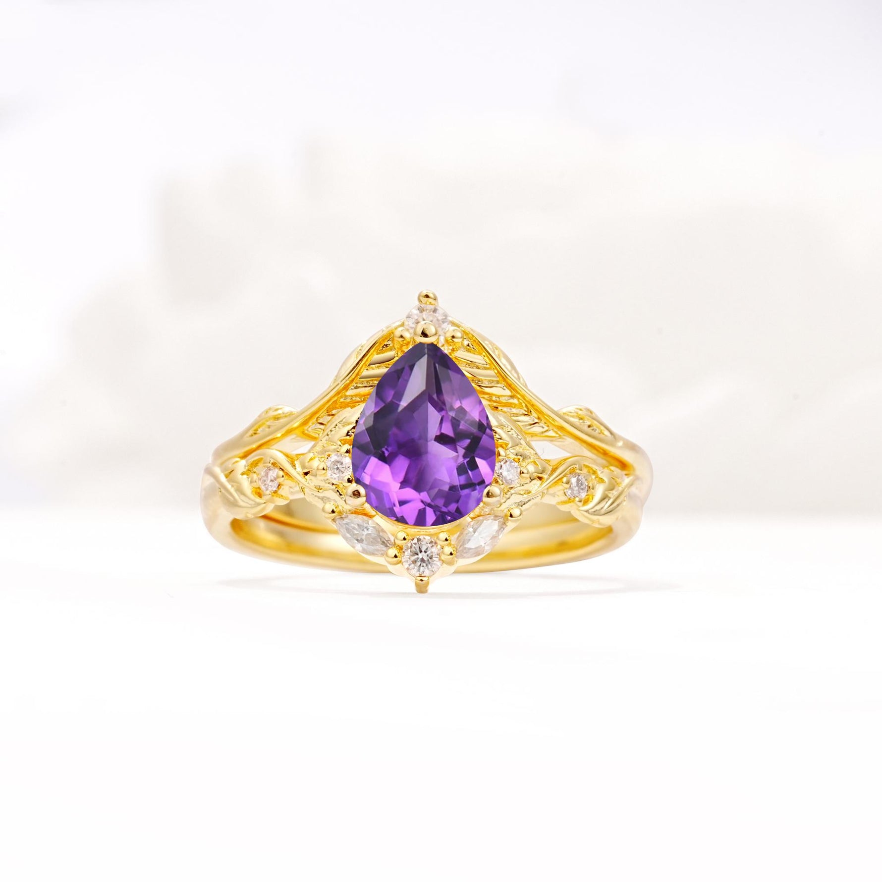 Vintage Filigree Pear Cut Amethyst Engagement Ring Set - Yellow-Gold