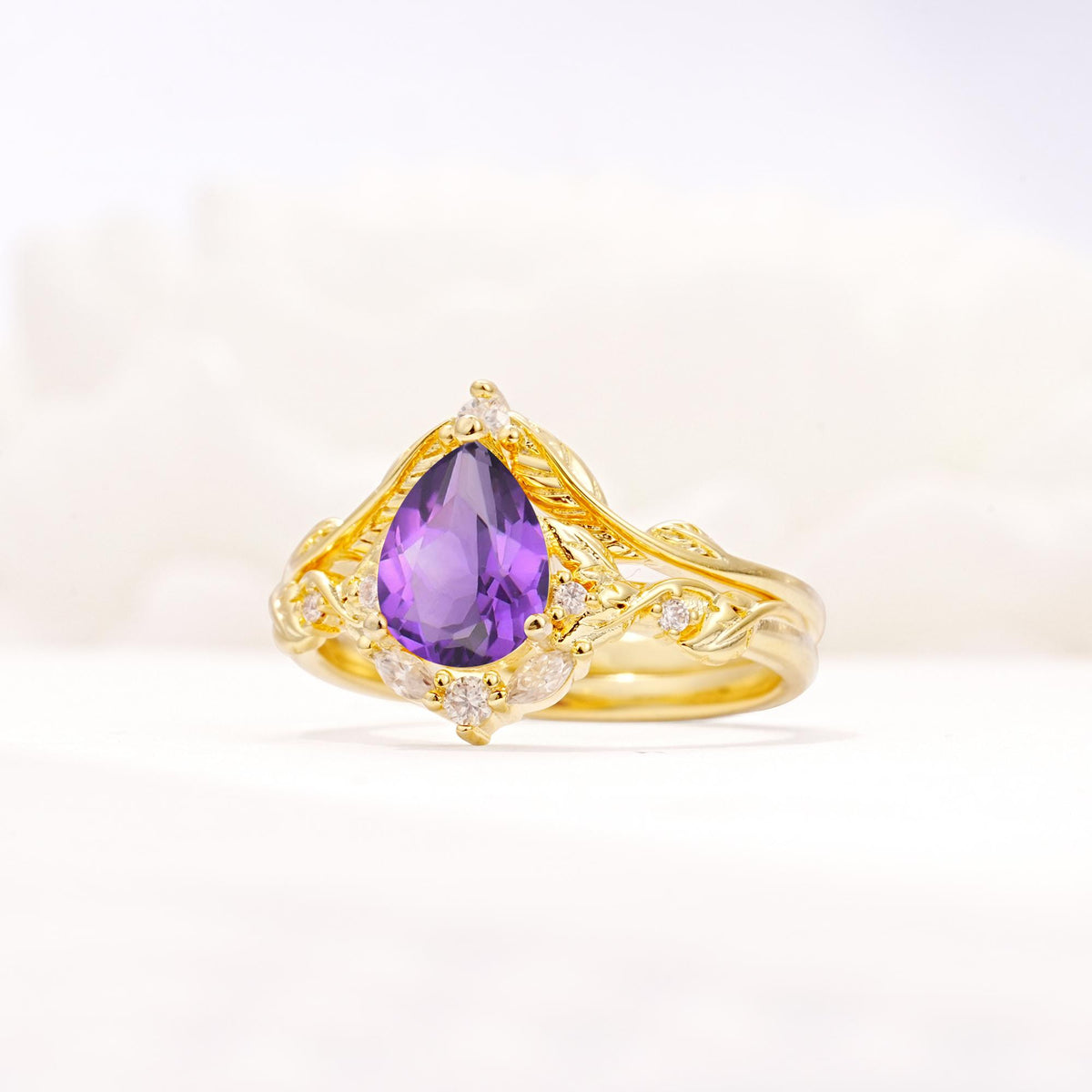 Vintage Filigree Pear Cut Amethyst Engagement Ring Set - Rose-Gold