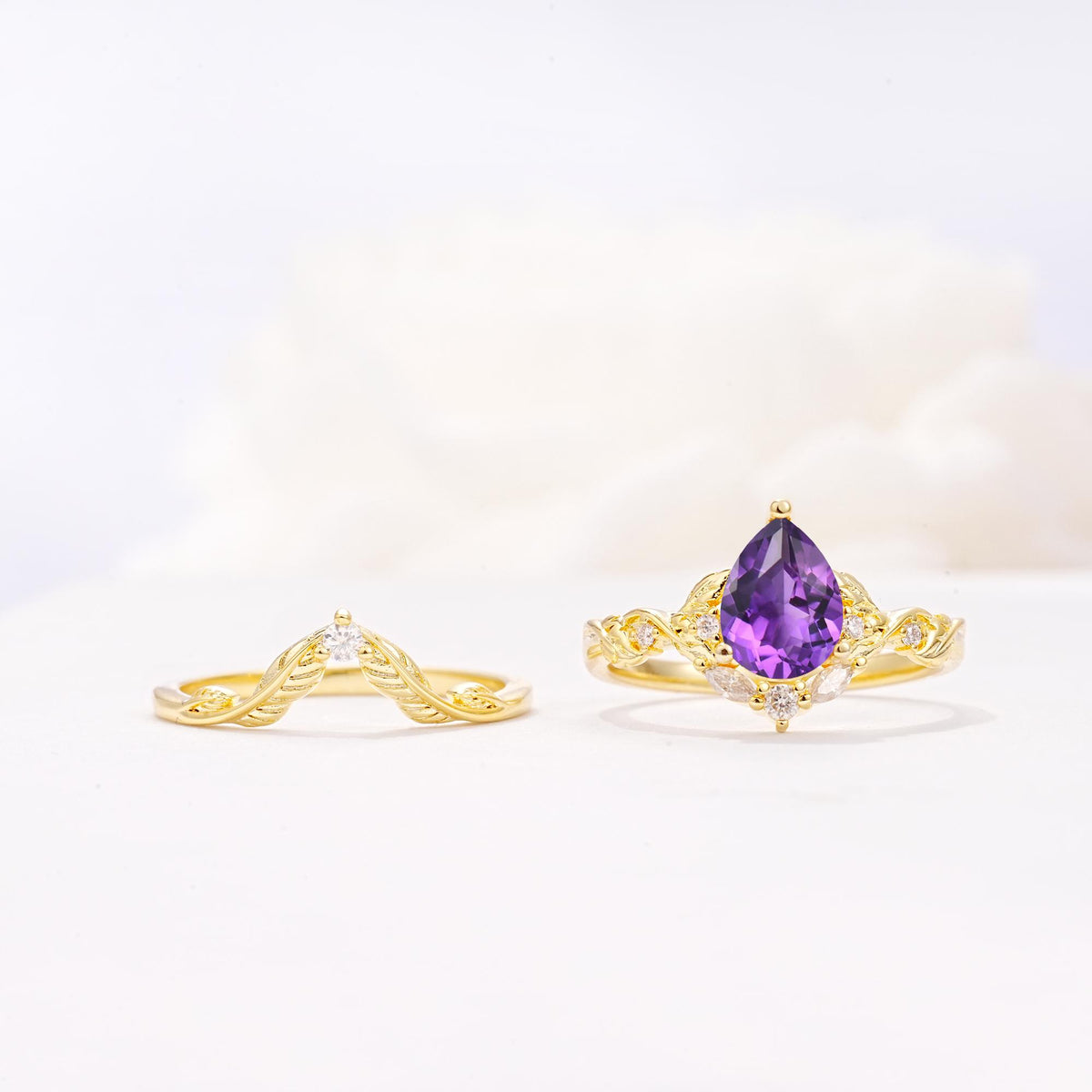 Vintage Filigree Pear Cut Amethyst Engagement Ring Set - White-Gold