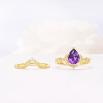 Vintage Filigree Pear Cut Amethyst Engagement Ring Set - White-Gold