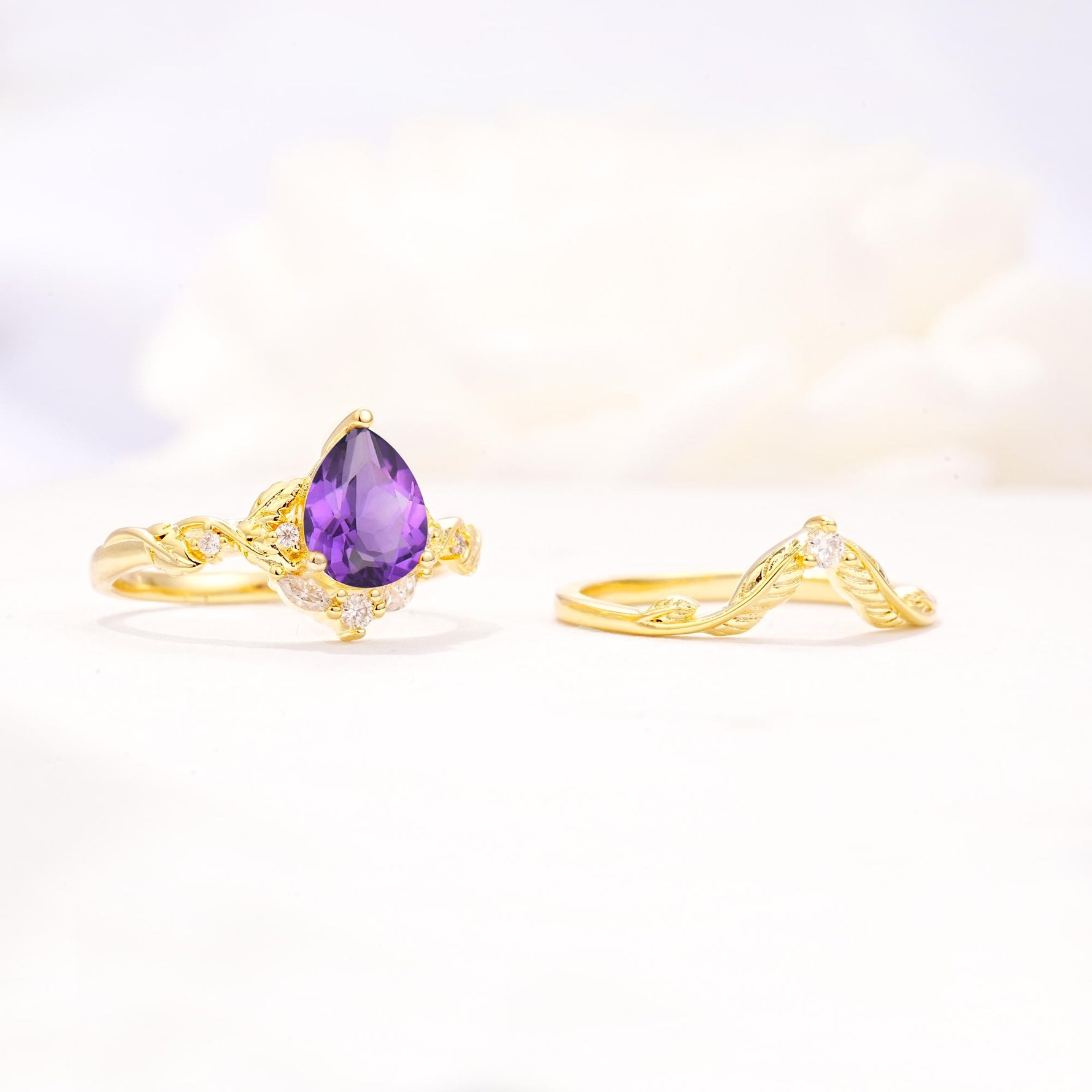 Vintage Filigree Pear Cut Amethyst Engagement Ring Set - Additional view