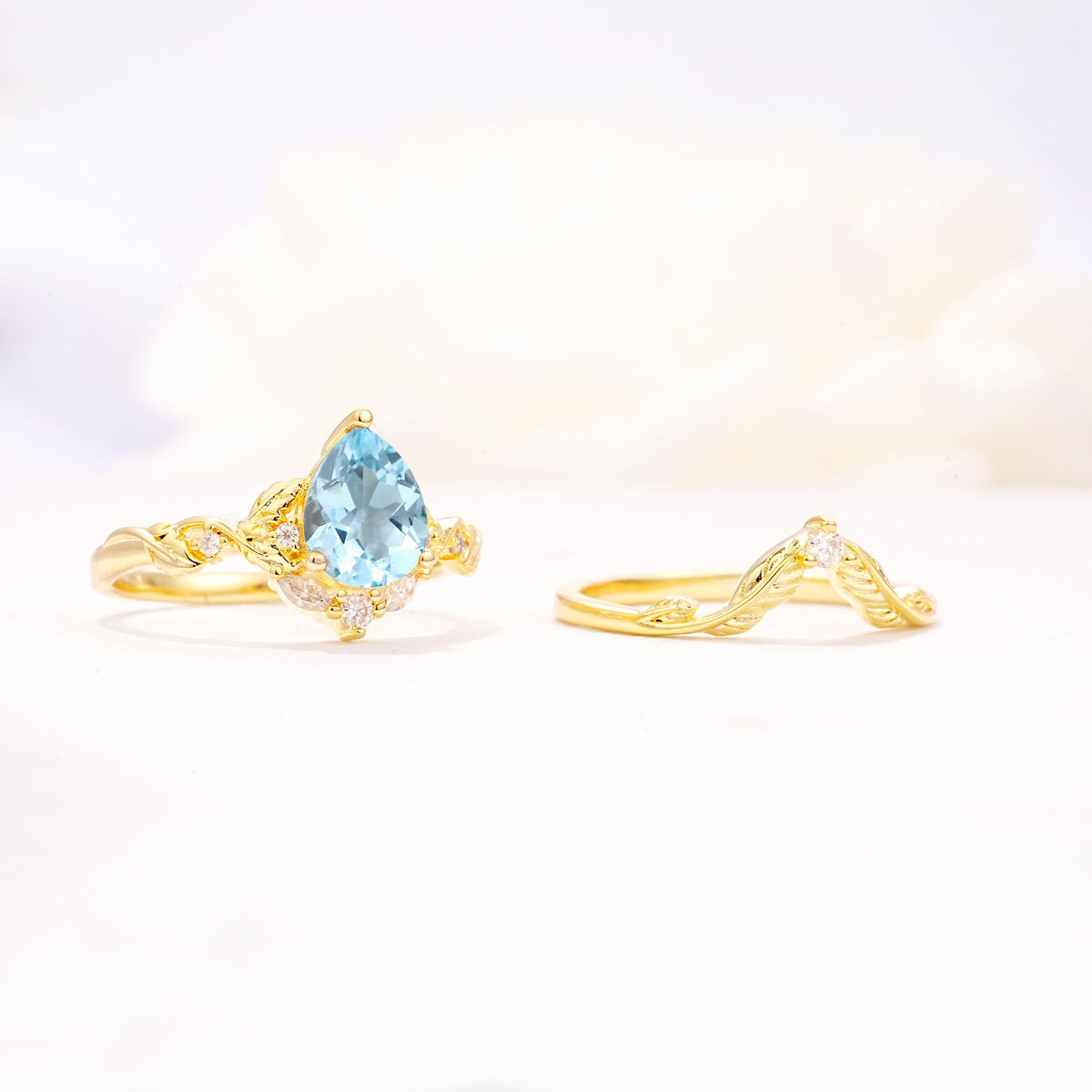 Vintage Filigree Pear Cut Aquamarine Engagement Ring Set - Additional view