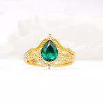 Vintage Filigree Pear Cut Emerald Engagement Ring Set - Yellow-Gold