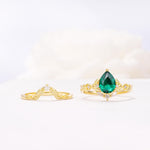 Vintage Filigree Pear Cut Emerald Engagement Ring Set - White-Gold