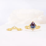 Vintage Filigree Pear Cut Alexandrite Engagement Ring Set - White-Gold
