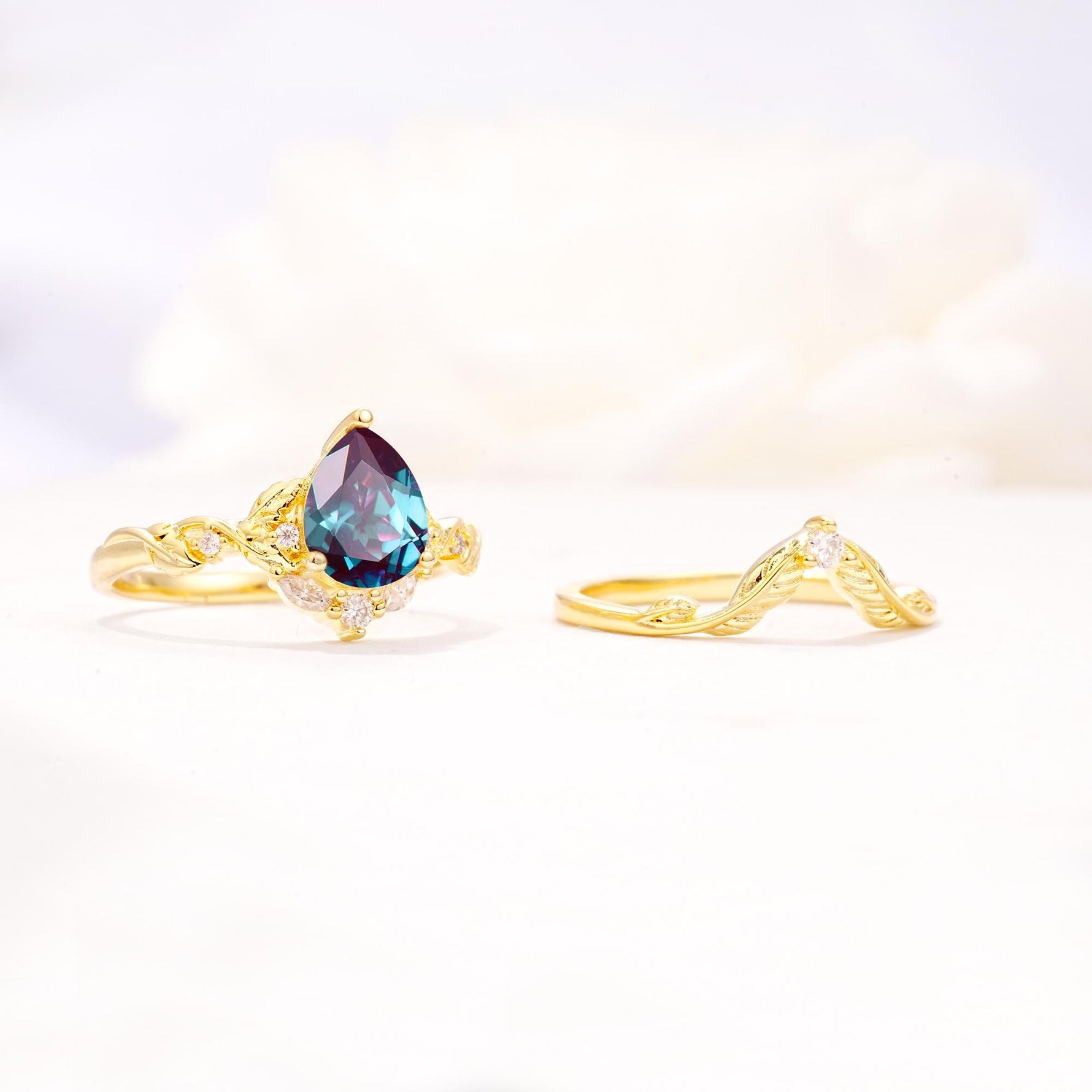 Vintage Filigree Pear Cut Alexandrite Engagement Ring Set - Additional view