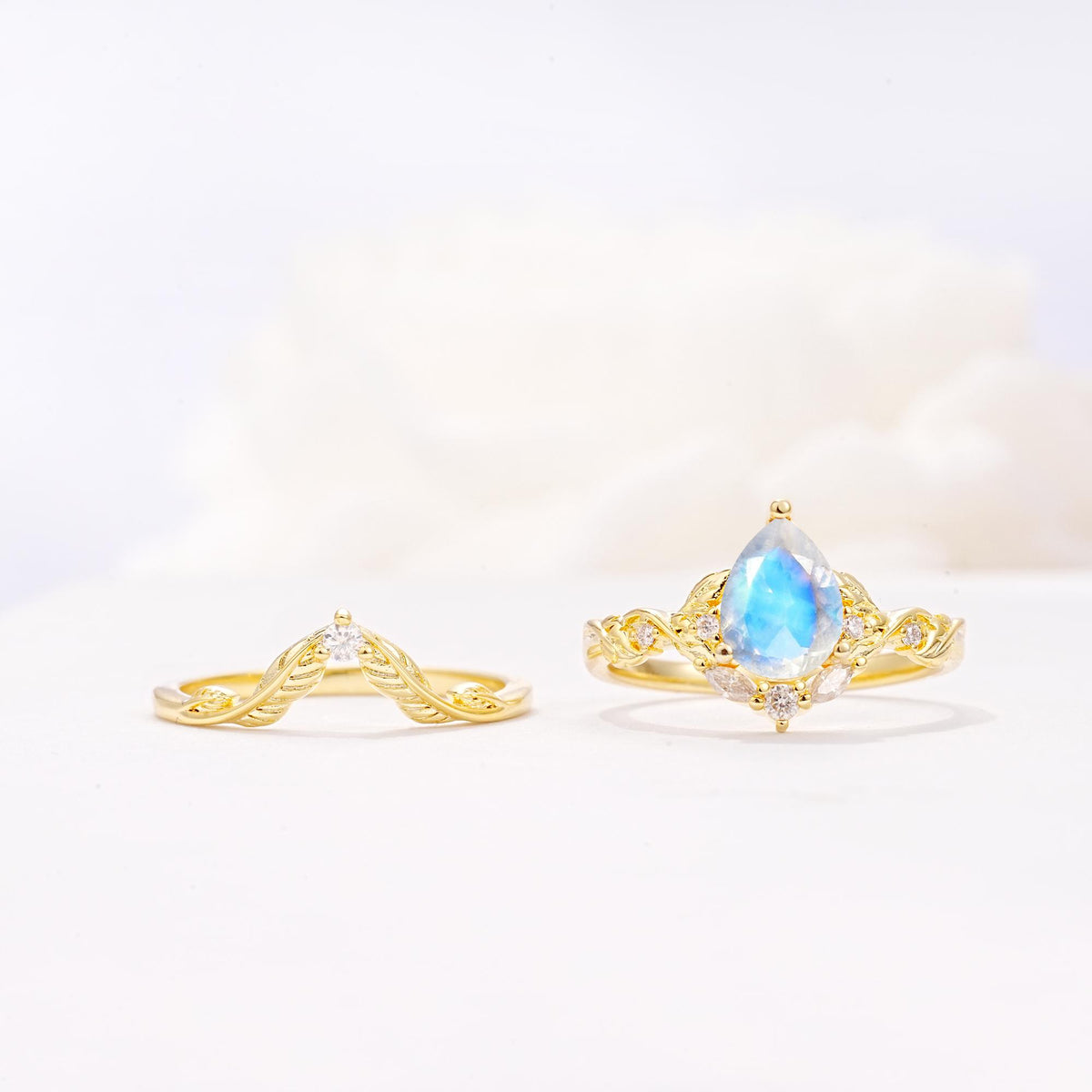 Vintage Filigree Pear Cut Moonstone Engagement Ring Set - White-Gold