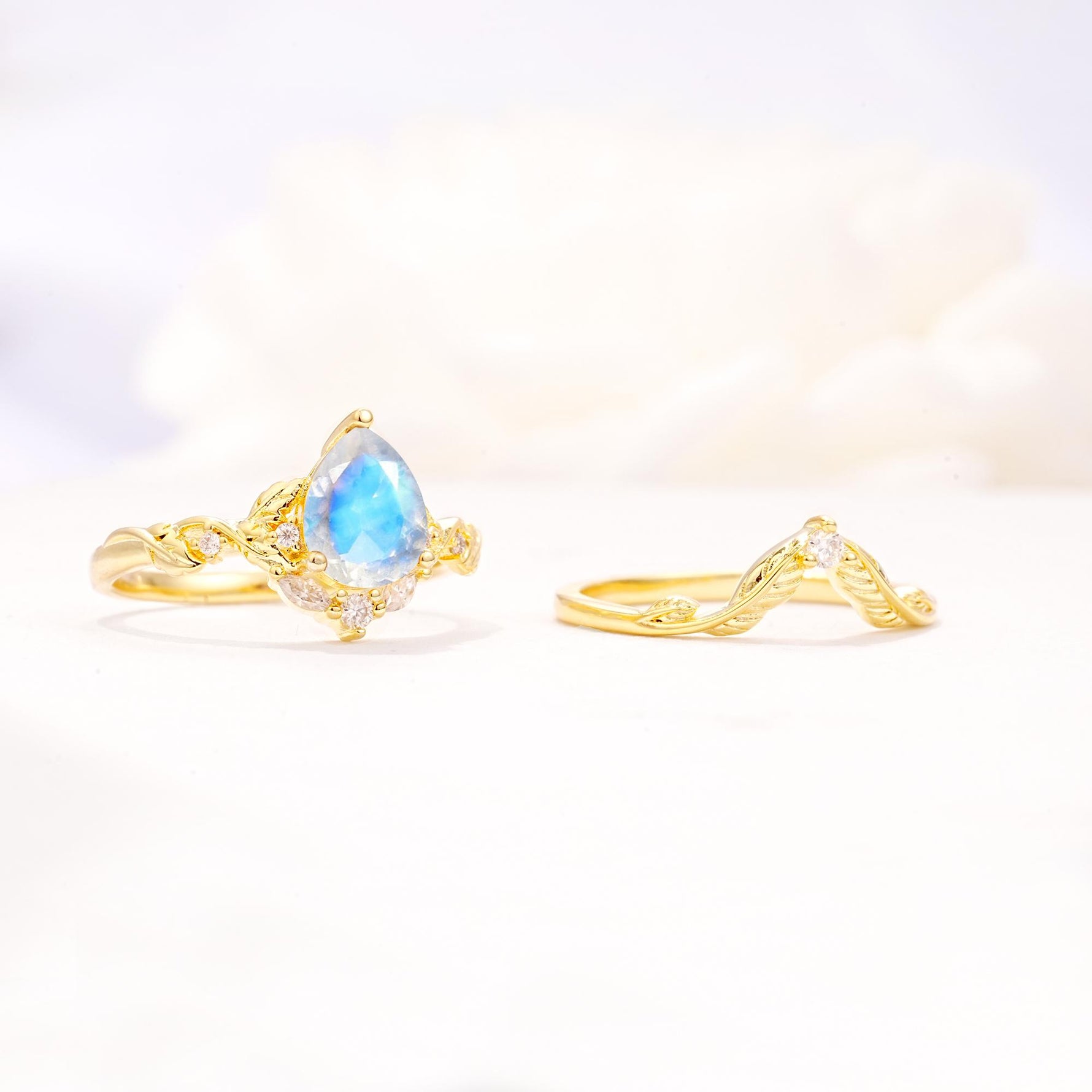 Vintage Filigree Pear Cut Moonstone Engagement Ring Set - Additional view