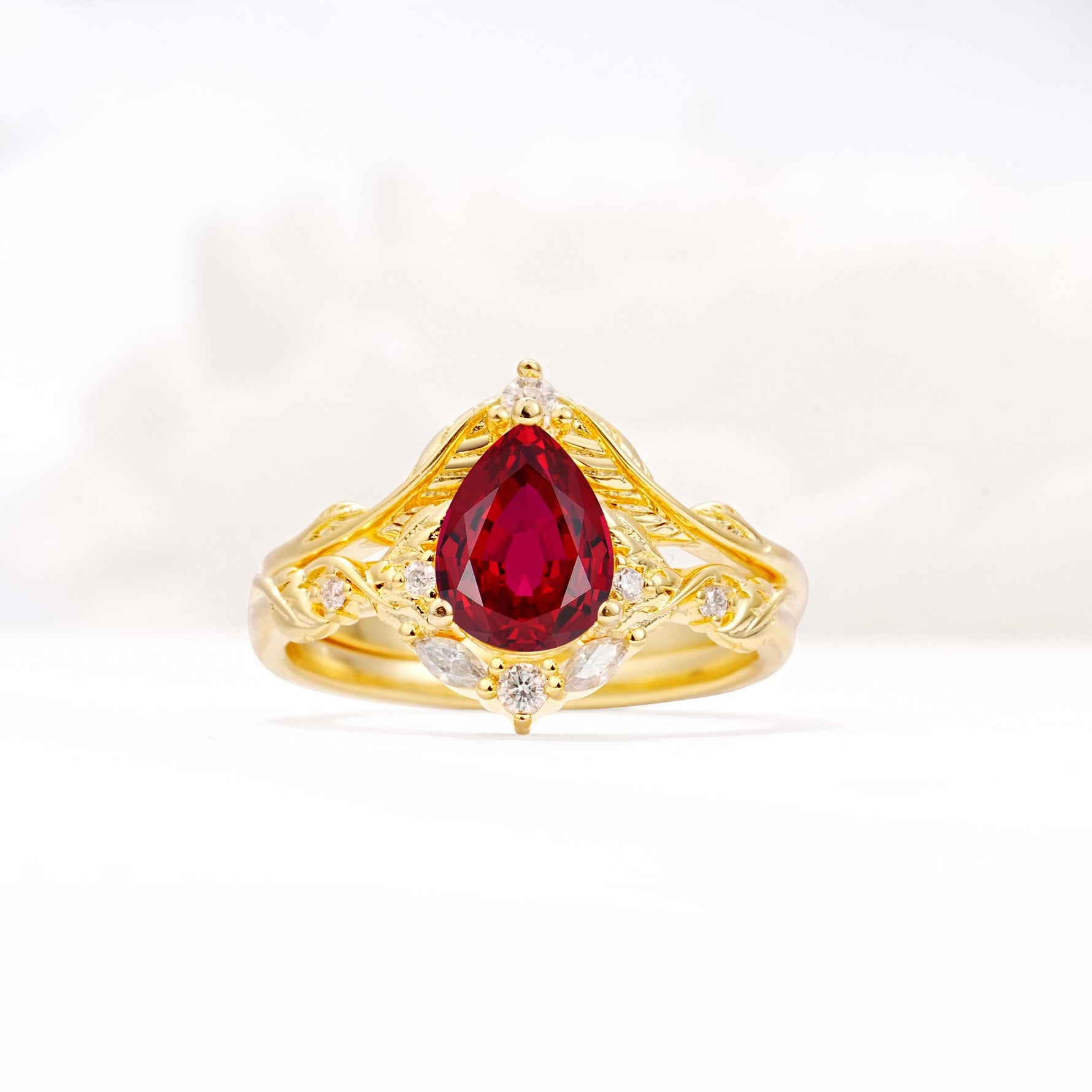 Vintage Filigree Pear Cut Ruby Engagement Ring Set - Yellow-Gold