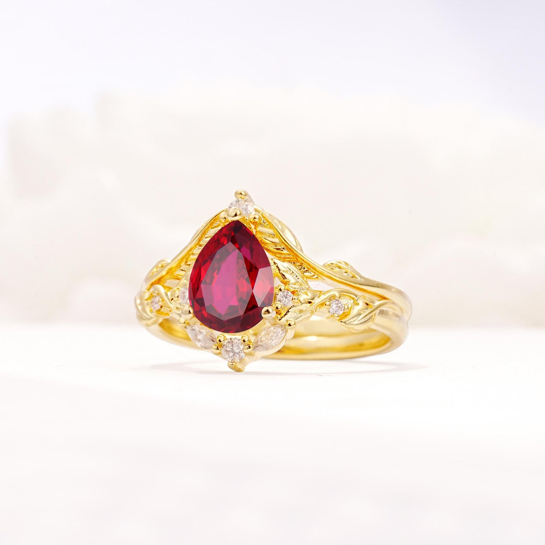 Vintage Filigree Pear Cut Ruby Engagement Ring Set - Rose-Gold