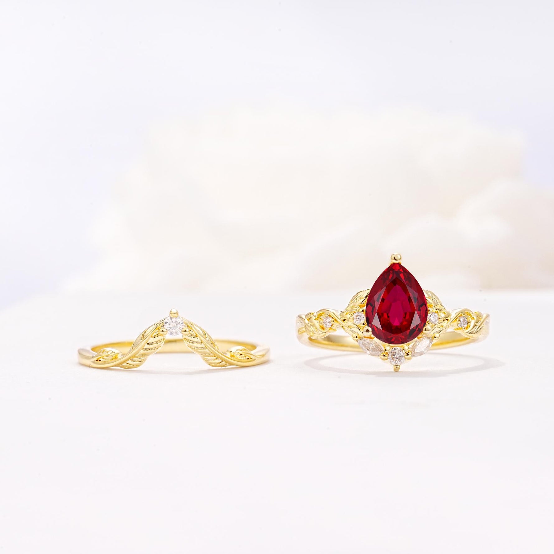 Vintage Filigree Pear Cut Ruby Engagement Ring Set - White-Gold