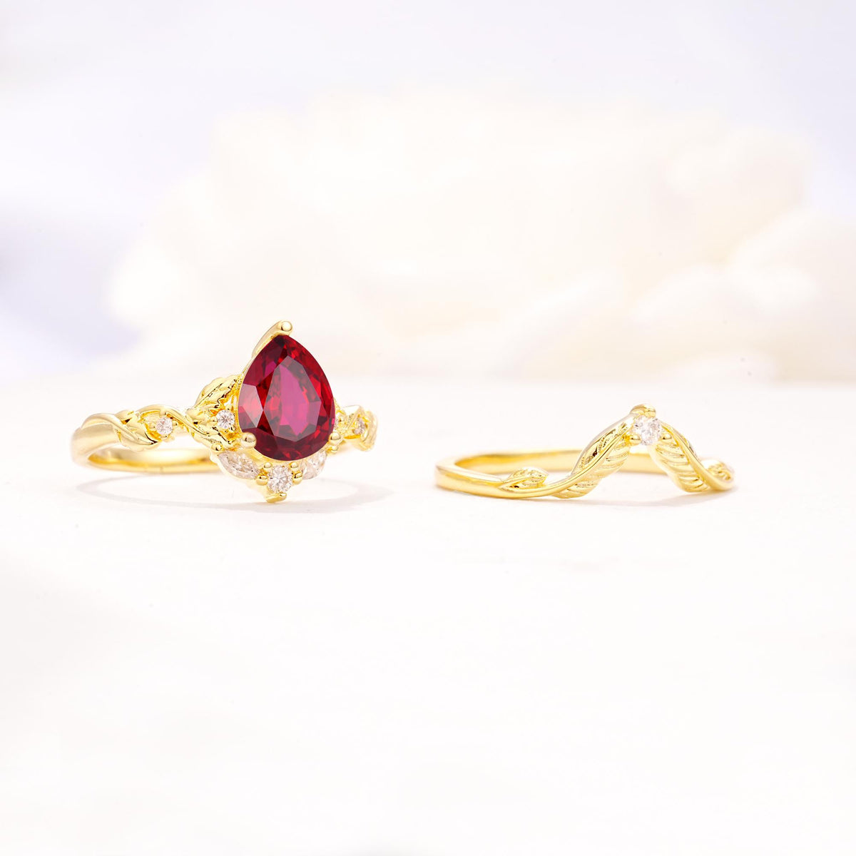 Vintage Filigree Pear Cut Ruby Engagement Ring Set - Additional view