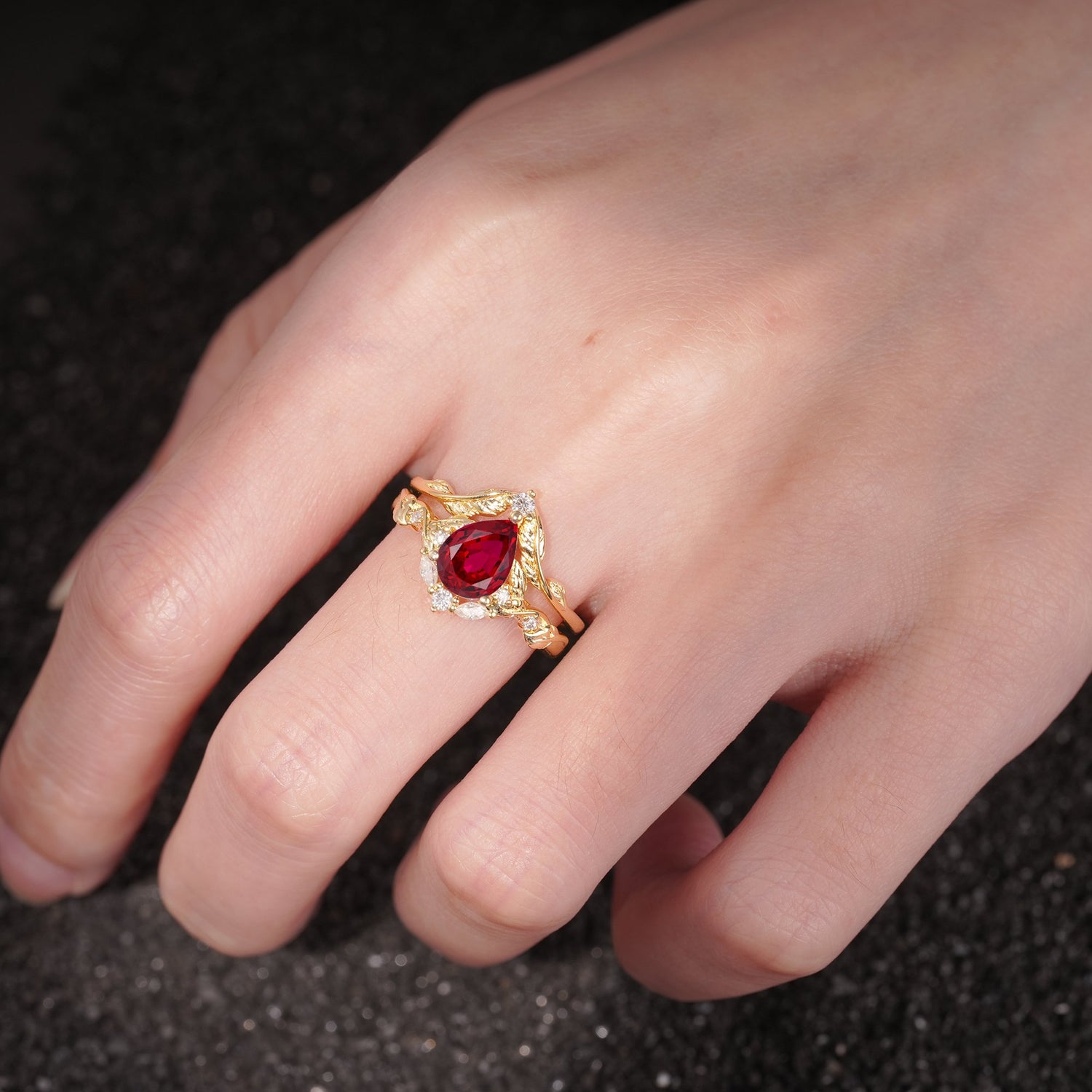 Vintage Filigree Pear Cut Ruby Engagement Ring Set
