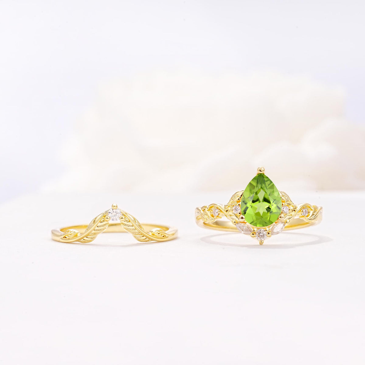 Vintage Filigree Pear Cut Peridot Engagement Ring Set - White-Gold