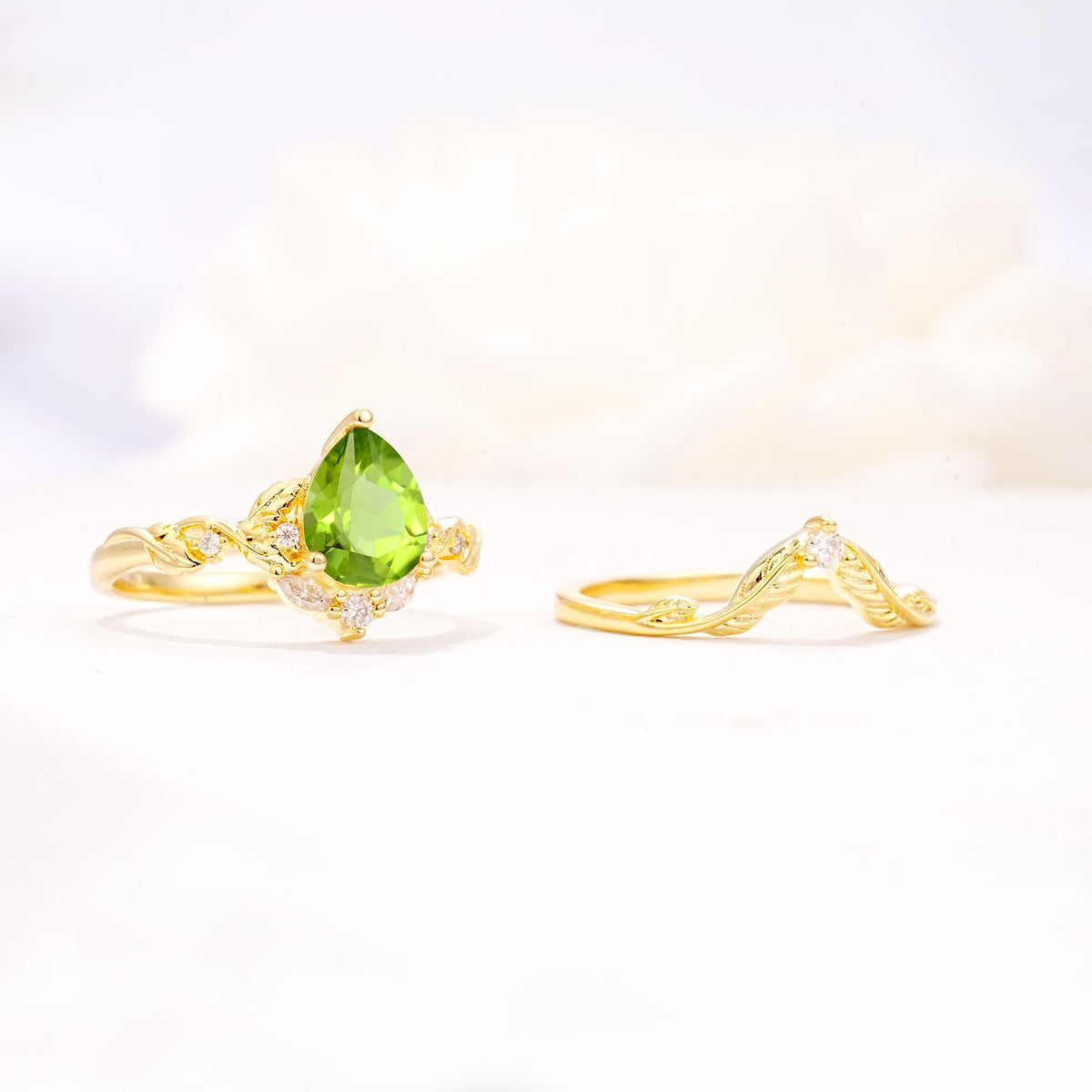 Vintage Filigree Pear Cut Peridot Engagement Ring Set - Additional view