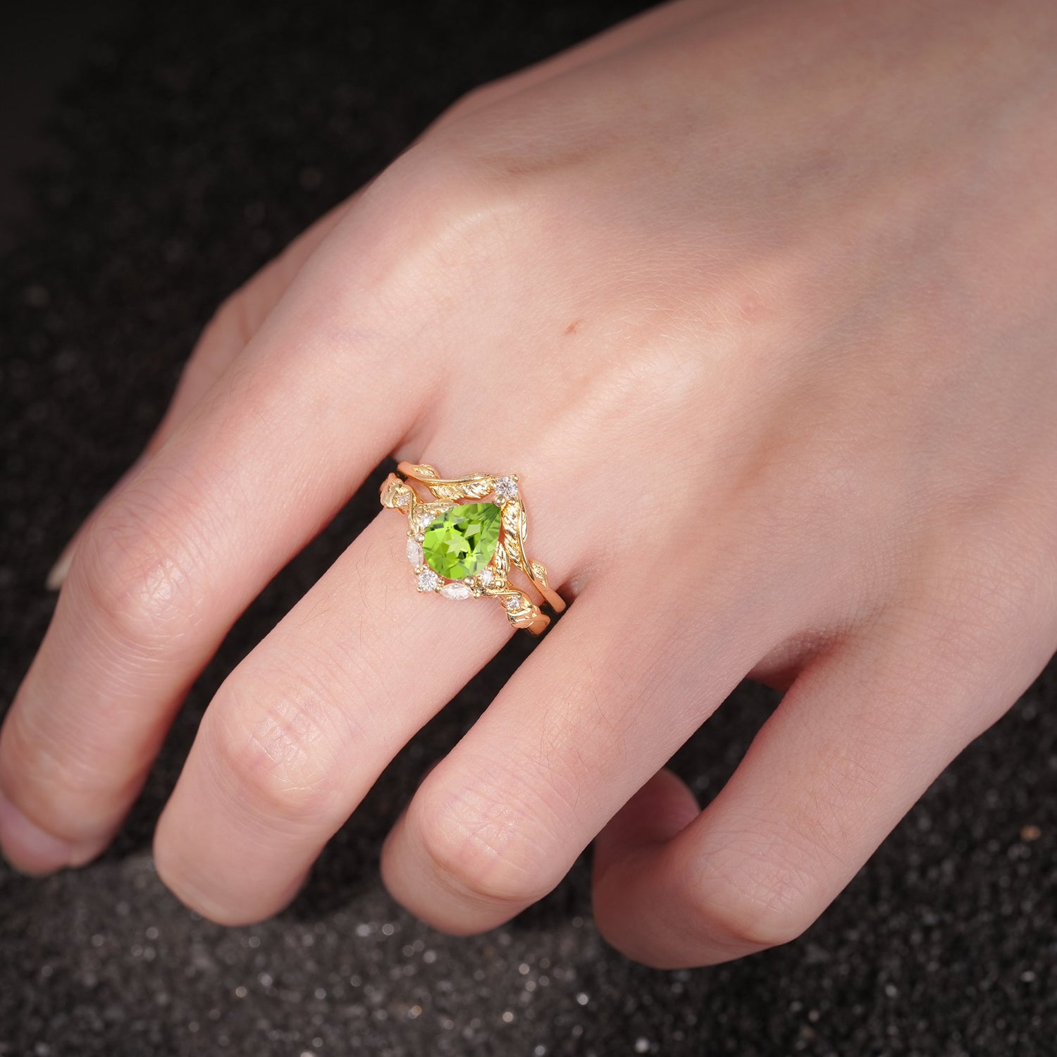 Vintage Filigree Pear Cut Peridot Engagement Ring Set