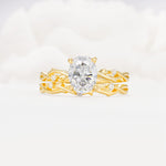 Nature-Inspired Oval Cut Moissanite Engagement Ring Set with Twig Accents - Yellow-Gold
