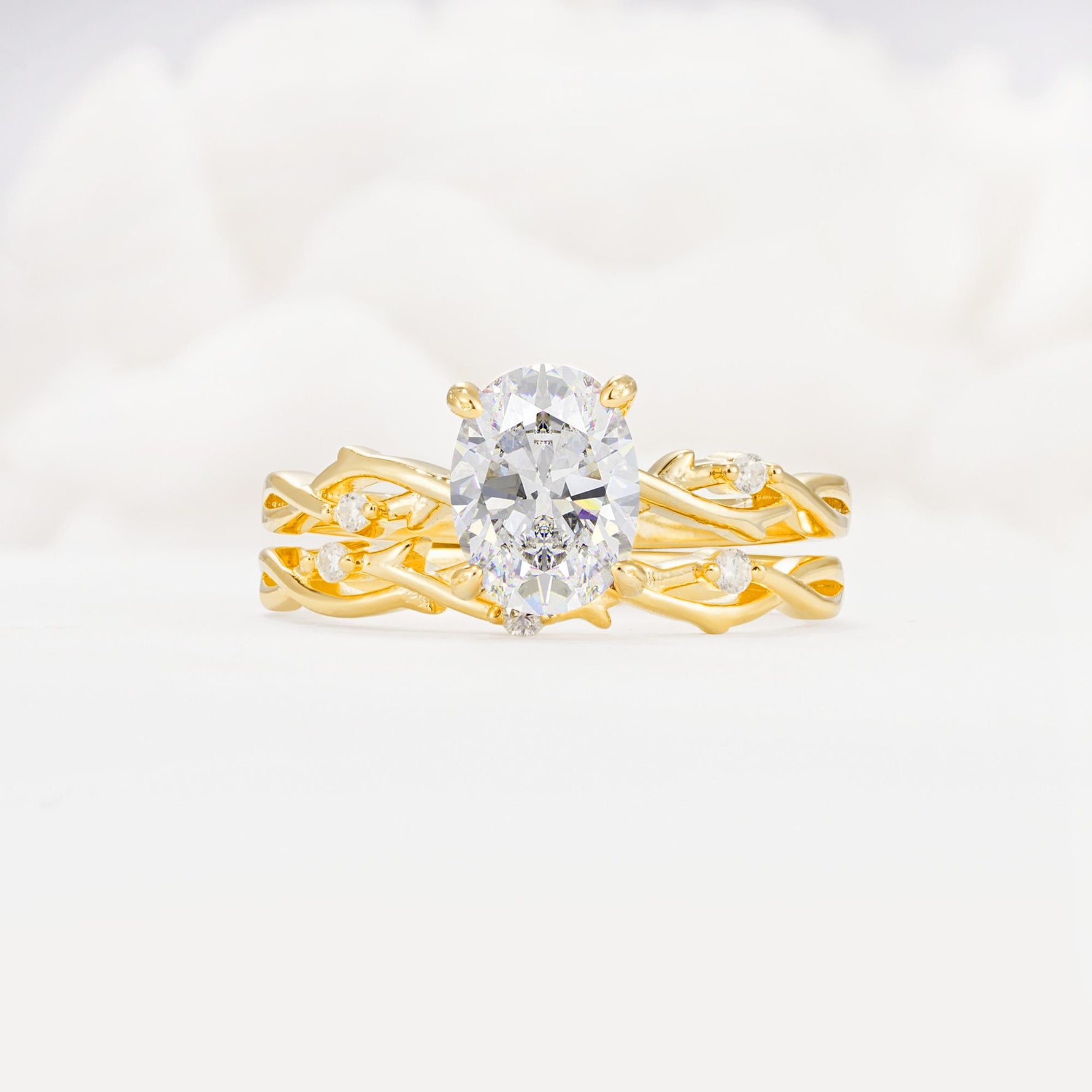 Nature-Inspired Oval Cut Moissanite Engagement Ring Set with Twig Accents - Yellow-Gold