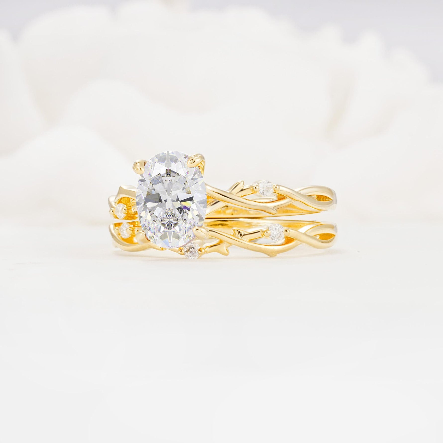 Nature-Inspired Oval Cut Moissanite Engagement Ring Set with Twig Accents - Rose-Gold