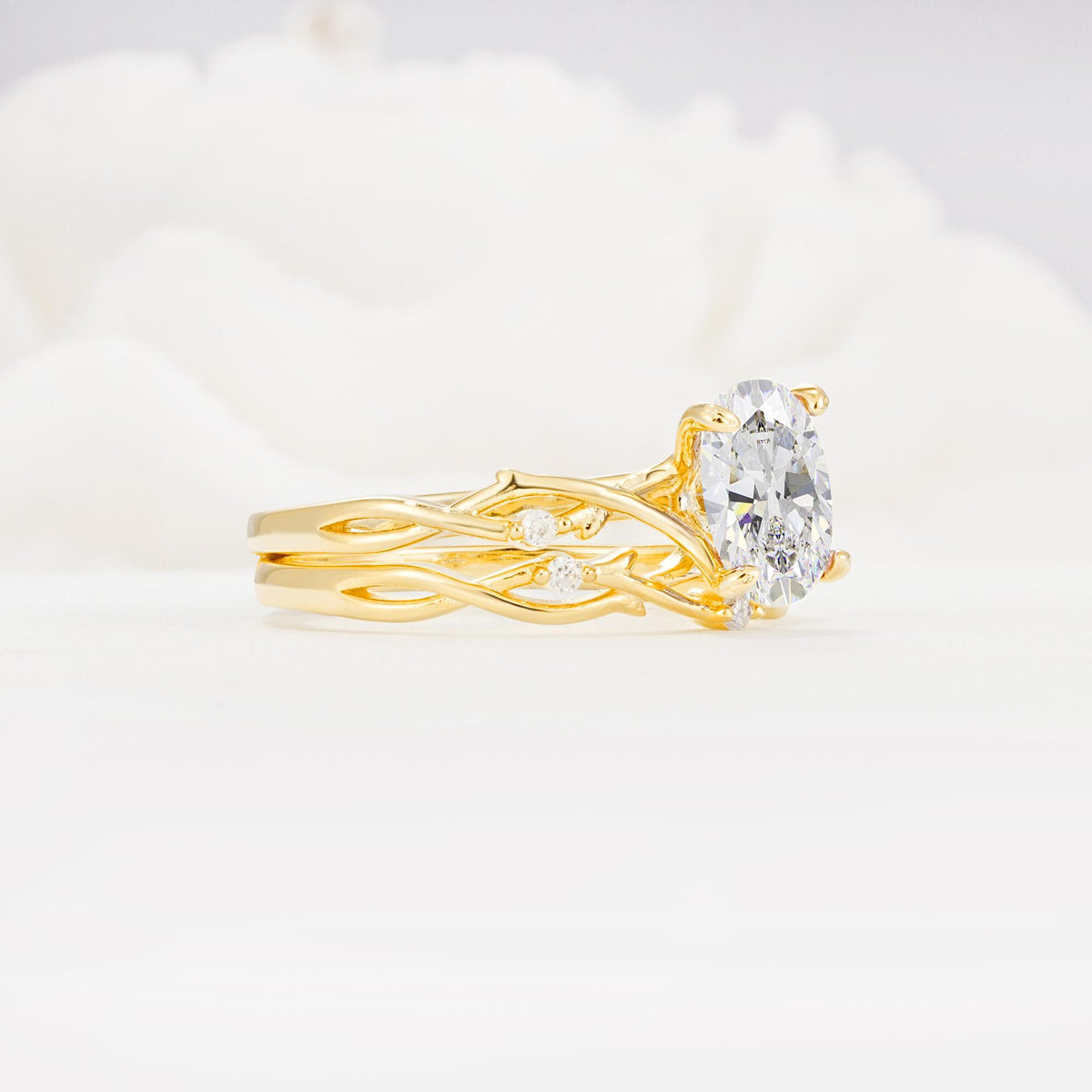 Nature-Inspired Oval Cut Moissanite Engagement Ring Set with Twig Accents - White-Gold
