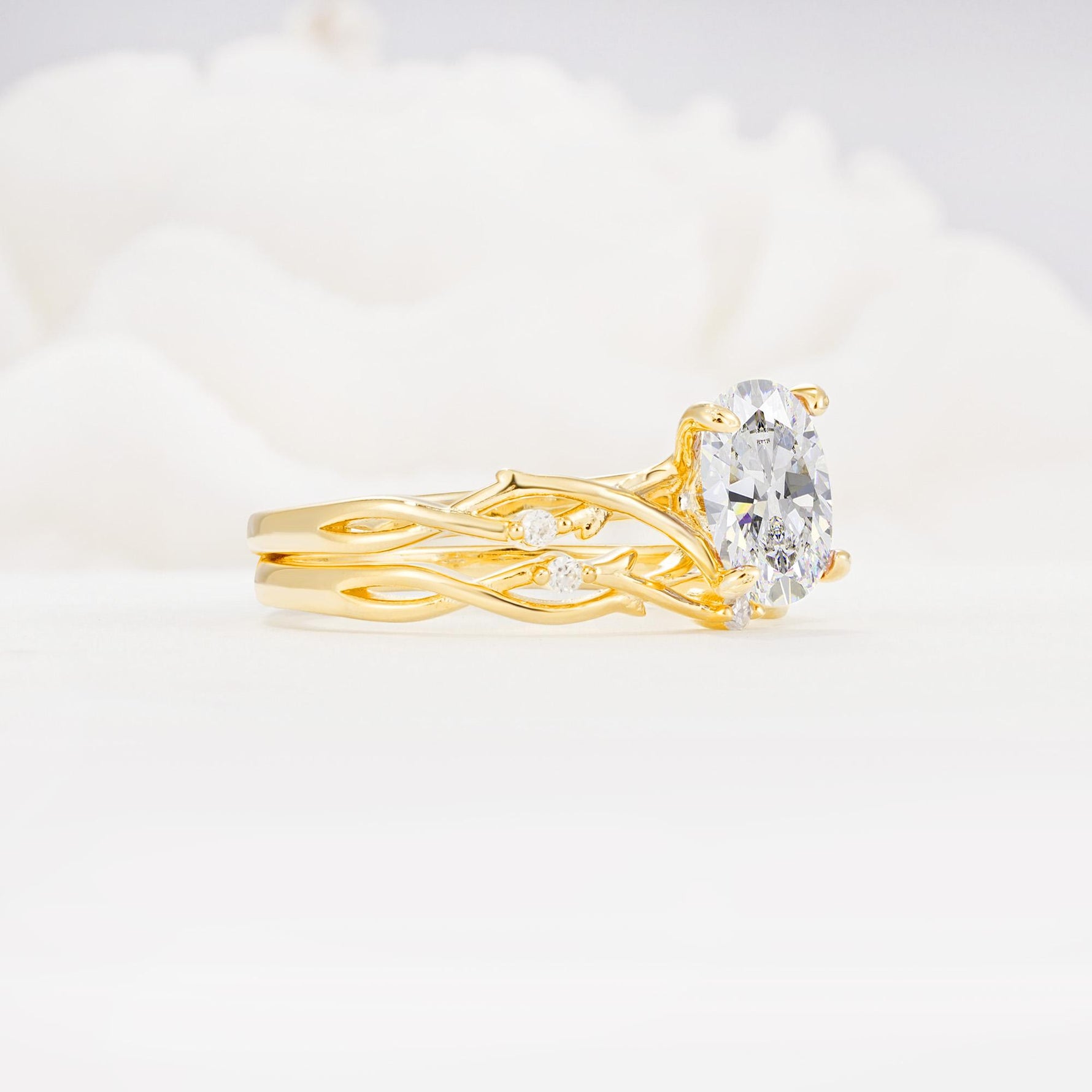 Nature-Inspired Oval Cut Moissanite Engagement Ring Set with Twig Accents - White-Gold
