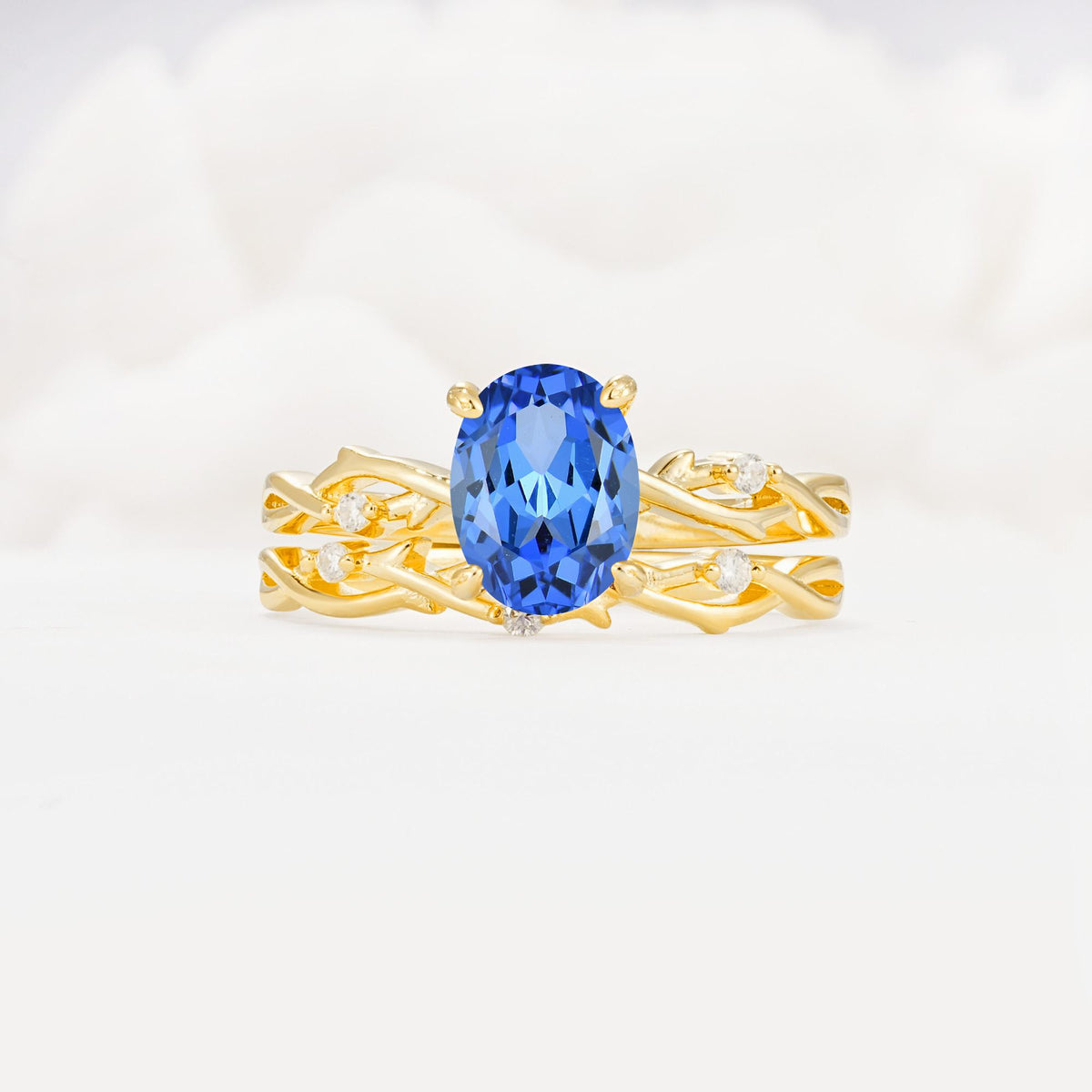 Nature-Inspired Oval Cut Sapphire Engagement Ring Set with Twig Accents - Yellow-Gold