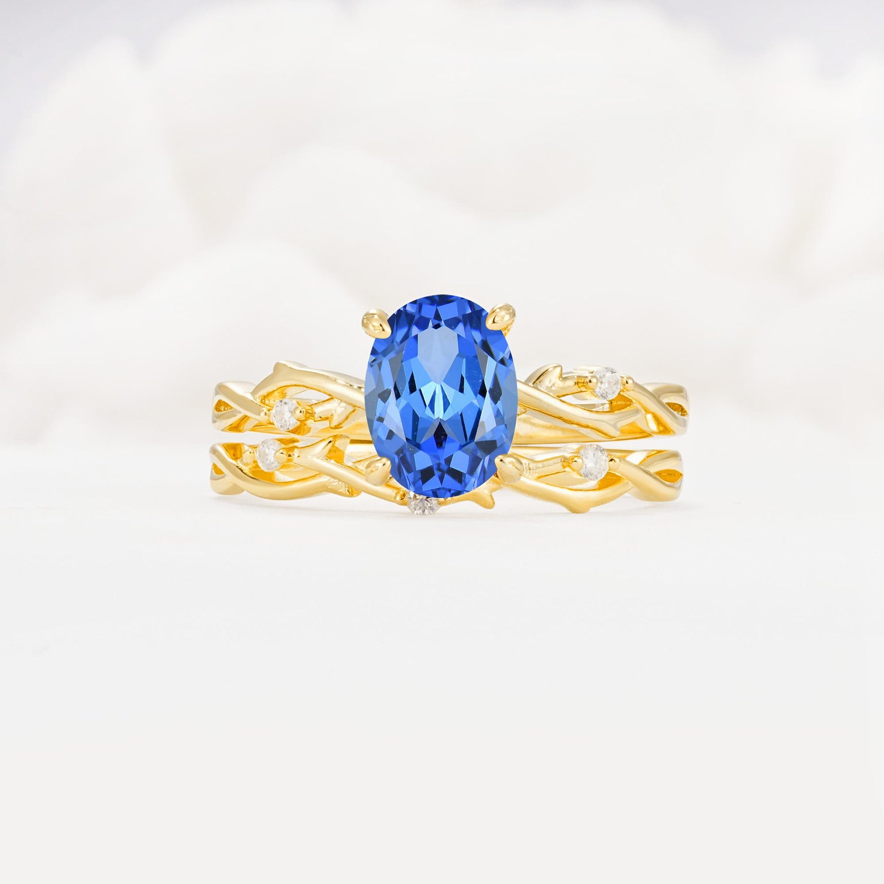 Nature-Inspired Oval Cut Sapphire Engagement Ring Set with Twig Accents - Yellow-Gold