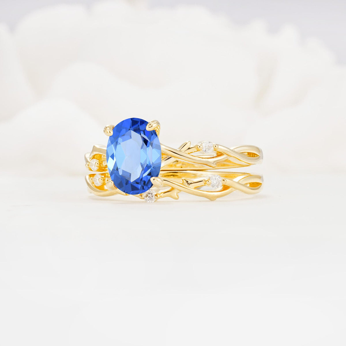 Nature-Inspired Oval Cut Sapphire Engagement Ring Set with Twig Accents - Rose-Gold