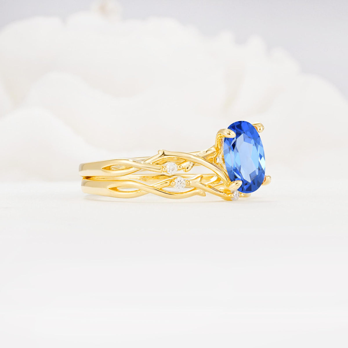 Nature-Inspired Oval Cut Sapphire Engagement Ring Set with Twig Accents - White-Gold