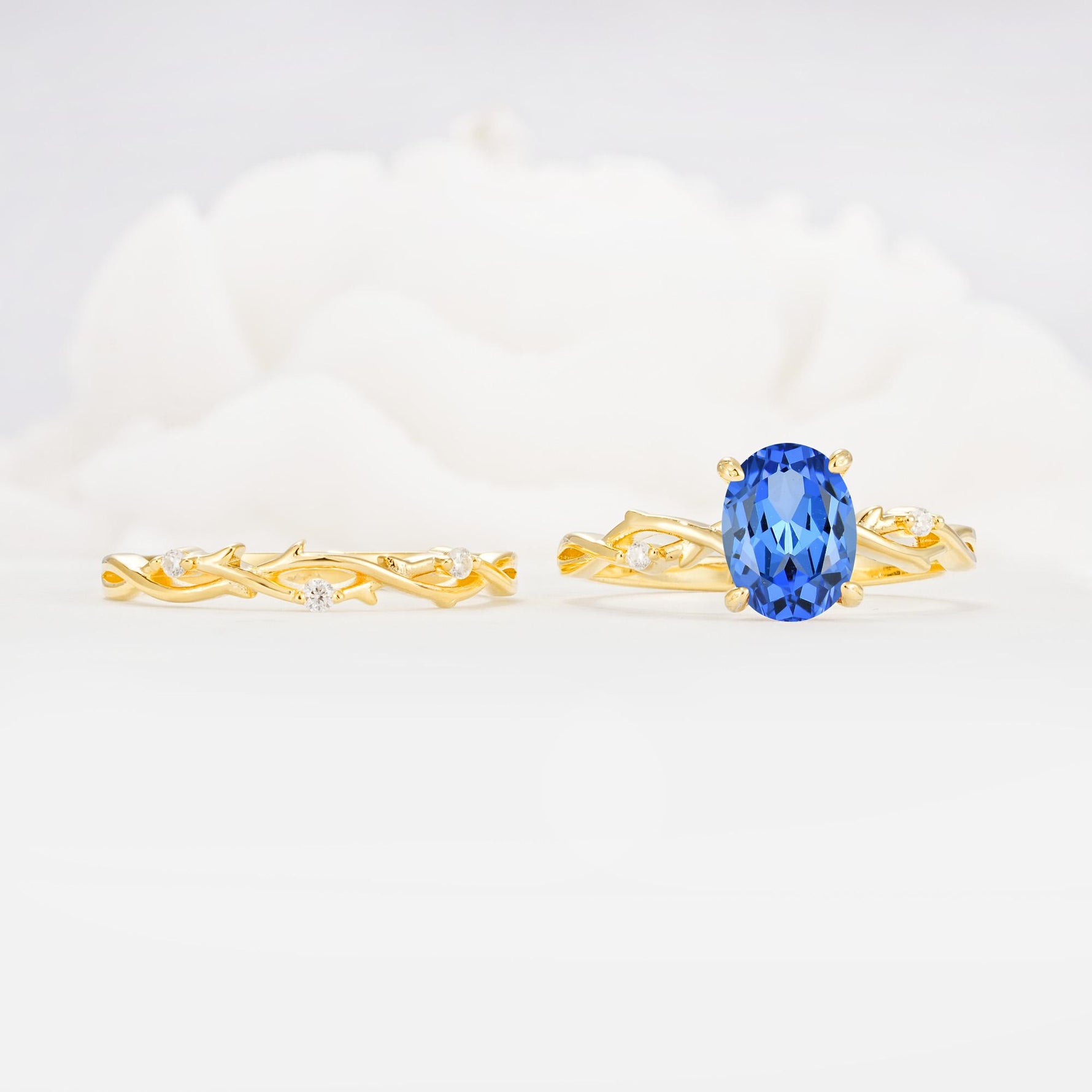 Nature-Inspired Oval Cut Sapphire Engagement Ring Set with Twig Accents - Additional view