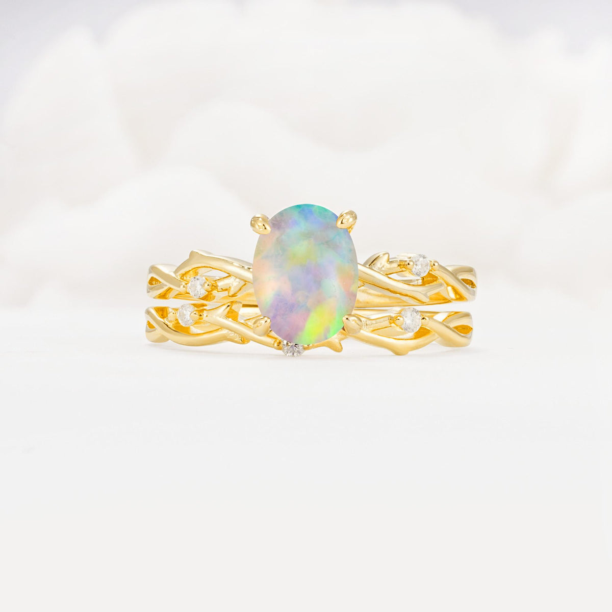 Nature-Inspired Oval Cut Fire Opal Engagement Ring Set with Twig Accents - Yellow-Gold