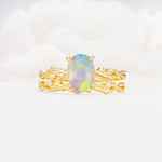 Nature-Inspired Oval Cut Fire Opal Engagement Ring Set with Twig Accents - Yellow-Gold