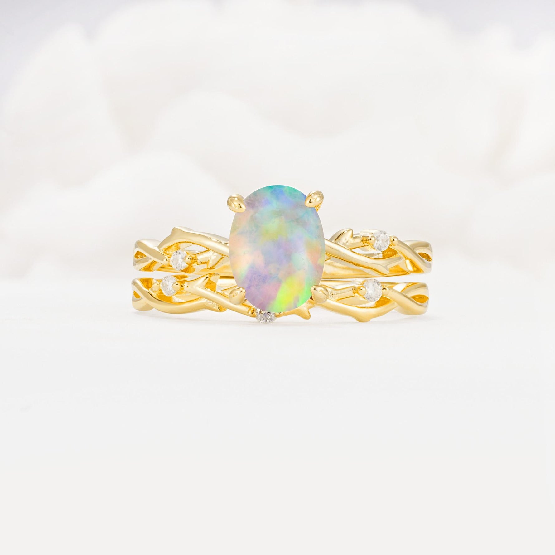 Nature-Inspired Oval Cut Fire Opal Engagement Ring Set with Twig Accents - Yellow-Gold