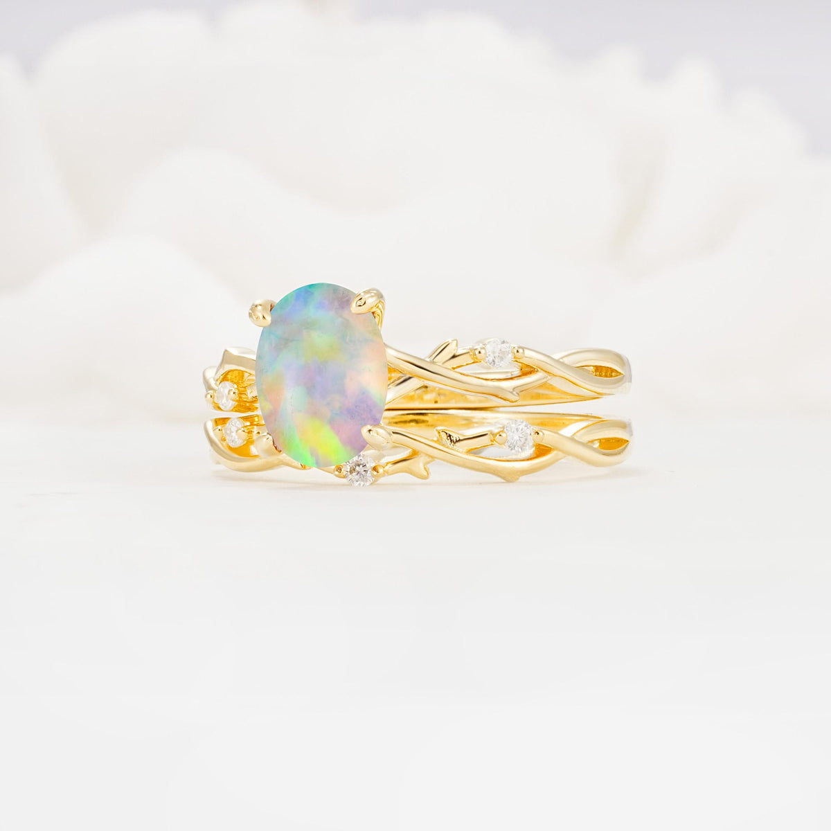 Nature-Inspired Oval Cut Fire Opal Engagement Ring Set with Twig Accents - Rose-Gold