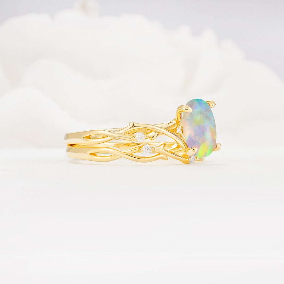 Nature-Inspired Oval Cut Fire Opal Engagement Ring Set with Twig Accents - White-Gold