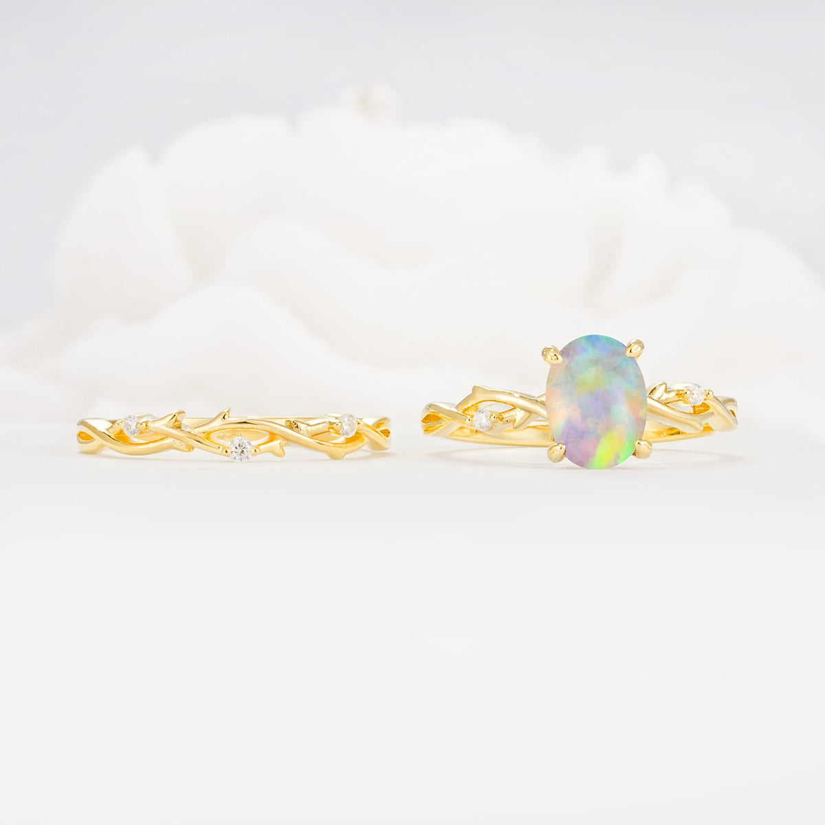 Nature-Inspired Oval Cut Fire Opal Engagement Ring Set with Twig Accents - Additional view