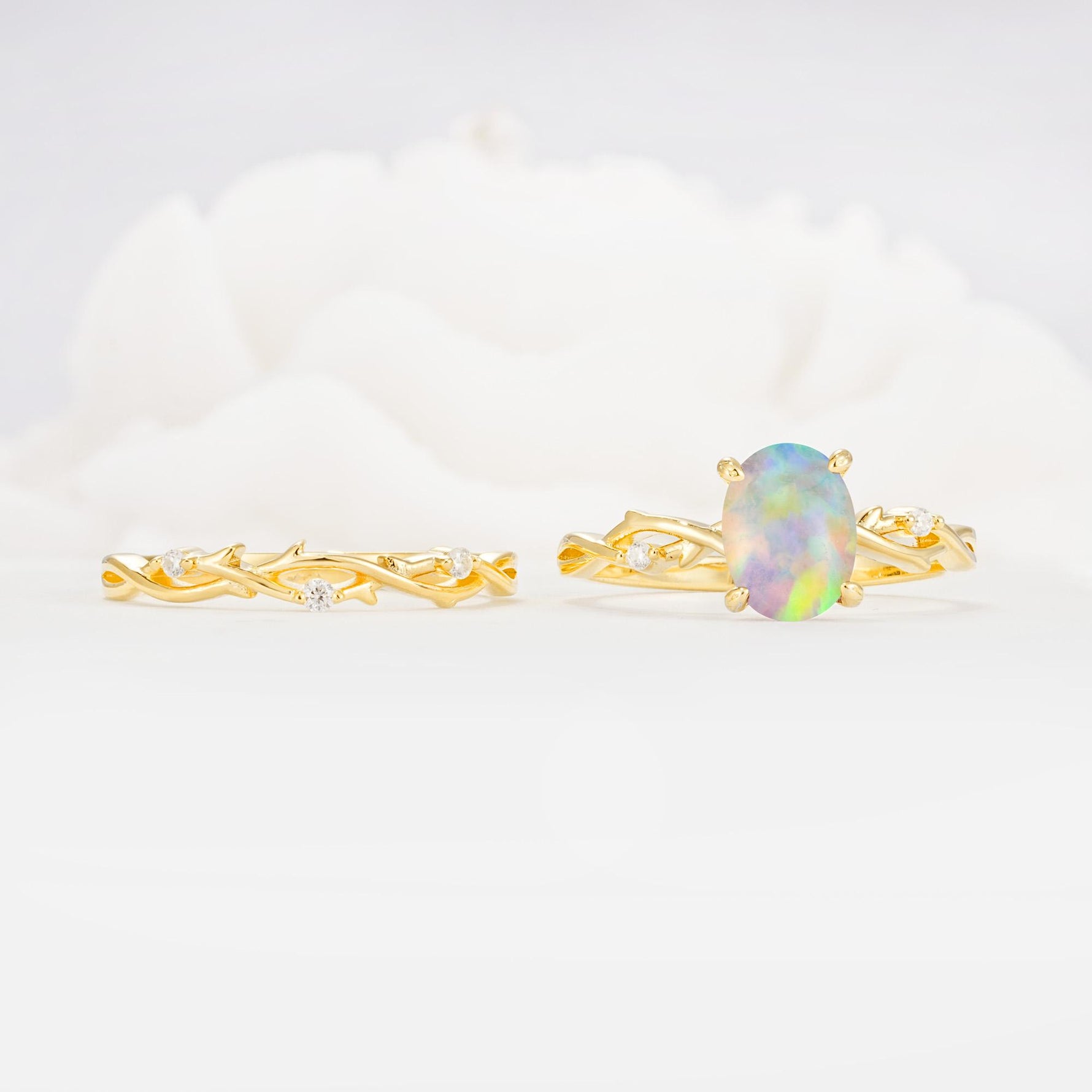 Nature-Inspired Oval Cut Fire Opal Engagement Ring Set with Twig Accents - Additional view