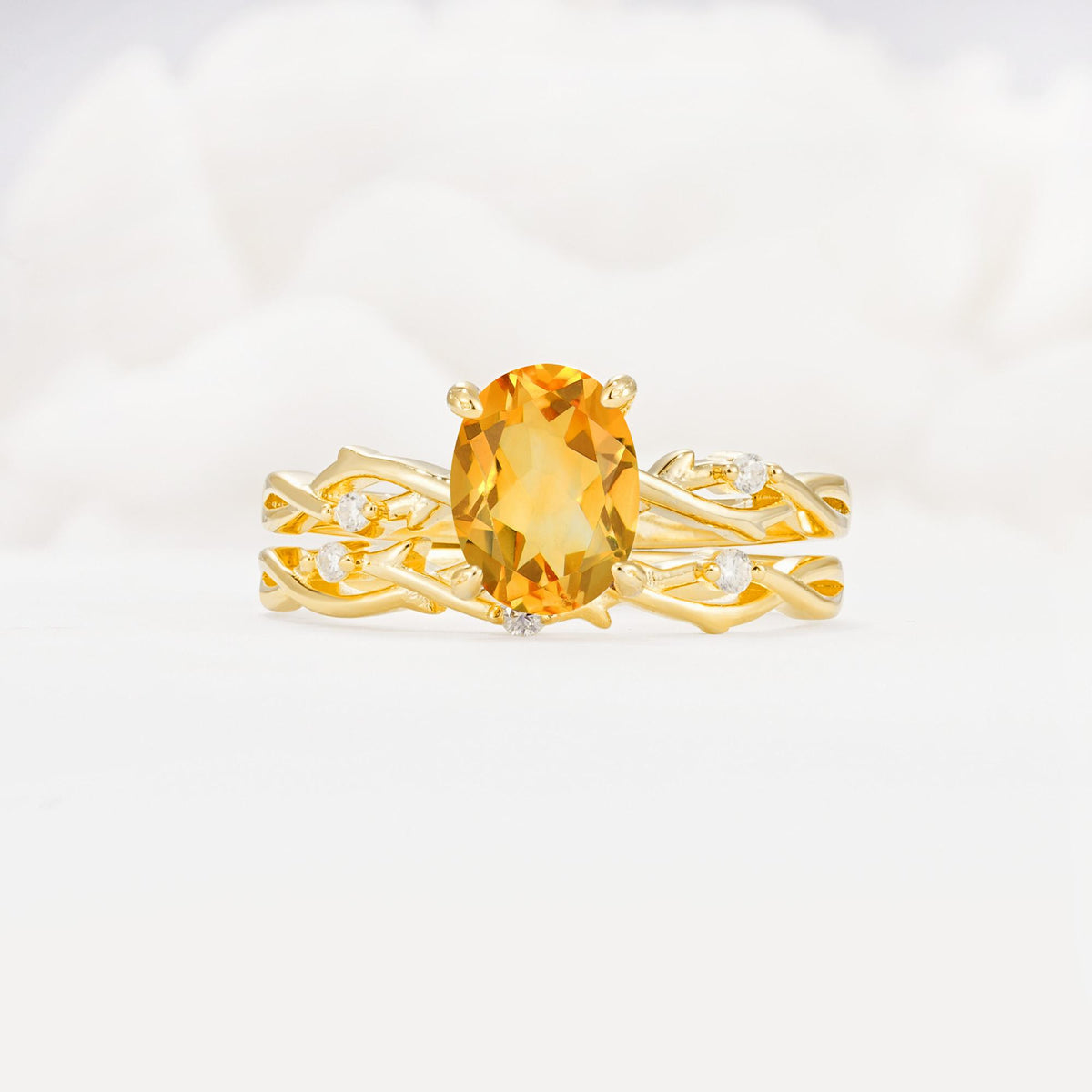 Nature-Inspired Oval Cut Citrine Engagement Ring Set with Twig Accents - Yellow-Gold
