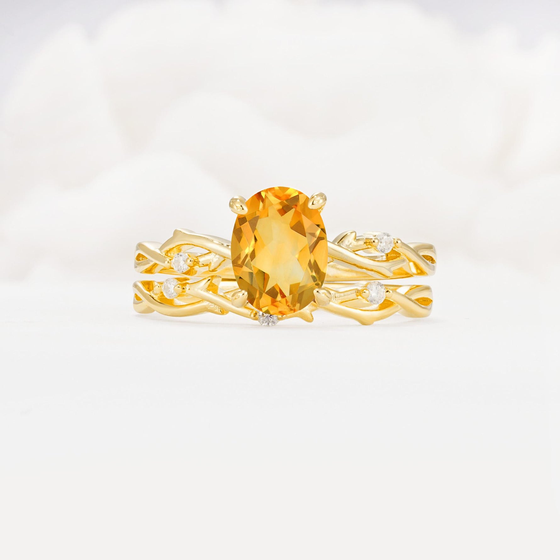 Nature-Inspired Oval Cut Citrine Engagement Ring Set with Twig Accents - Yellow-Gold